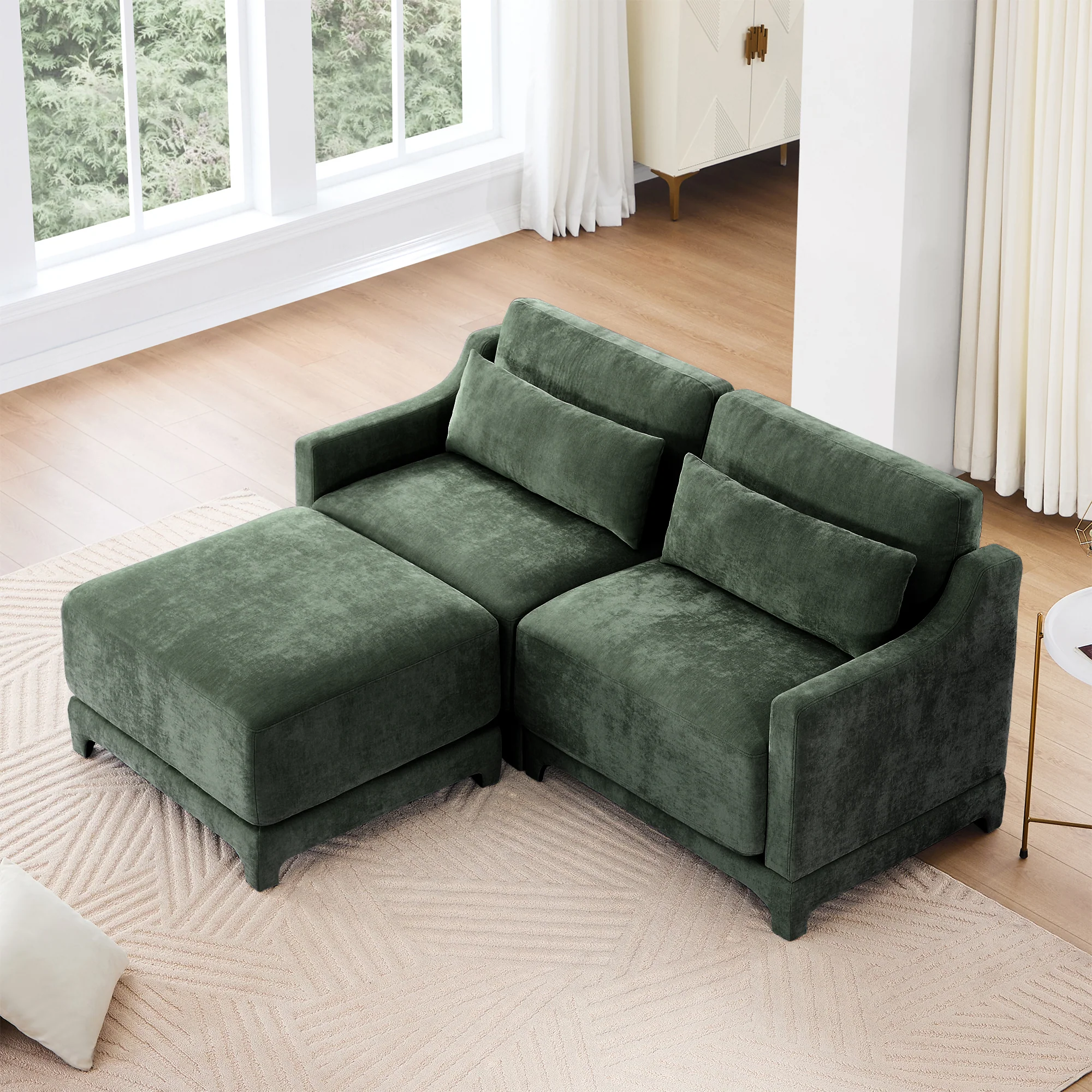 Walker Edison |Ergonomic Design Green Chenille Loveseat Sofa with Ottoman