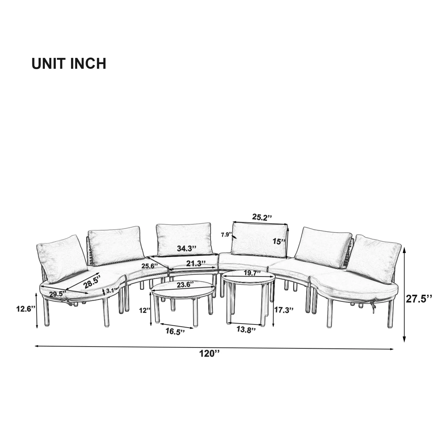 Walker Edison | Minimalist Half Moon Outdoor 8-Piece Modular Sofa Set with Nesting Tables