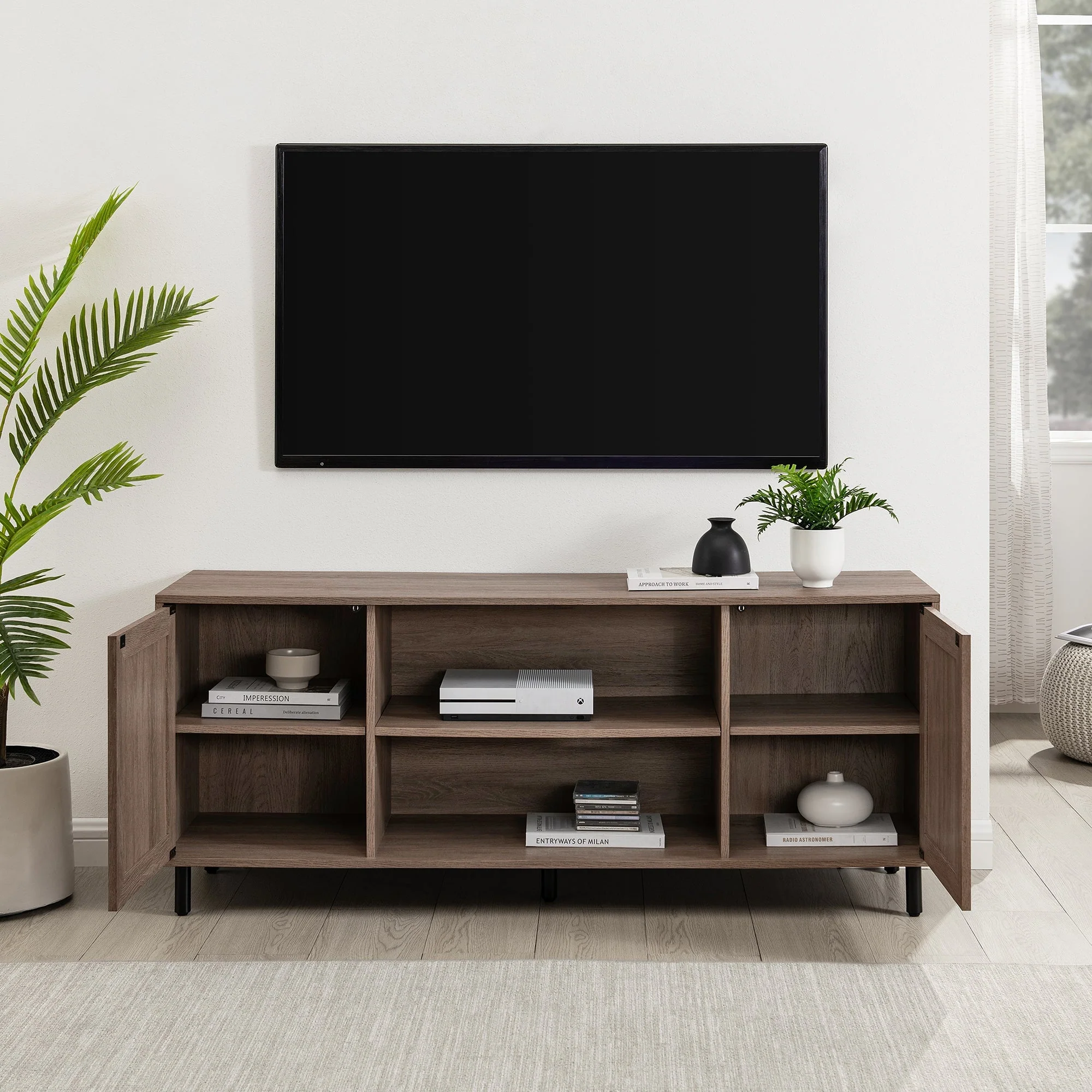 58 2 Door Wood and Rattan TV Stand