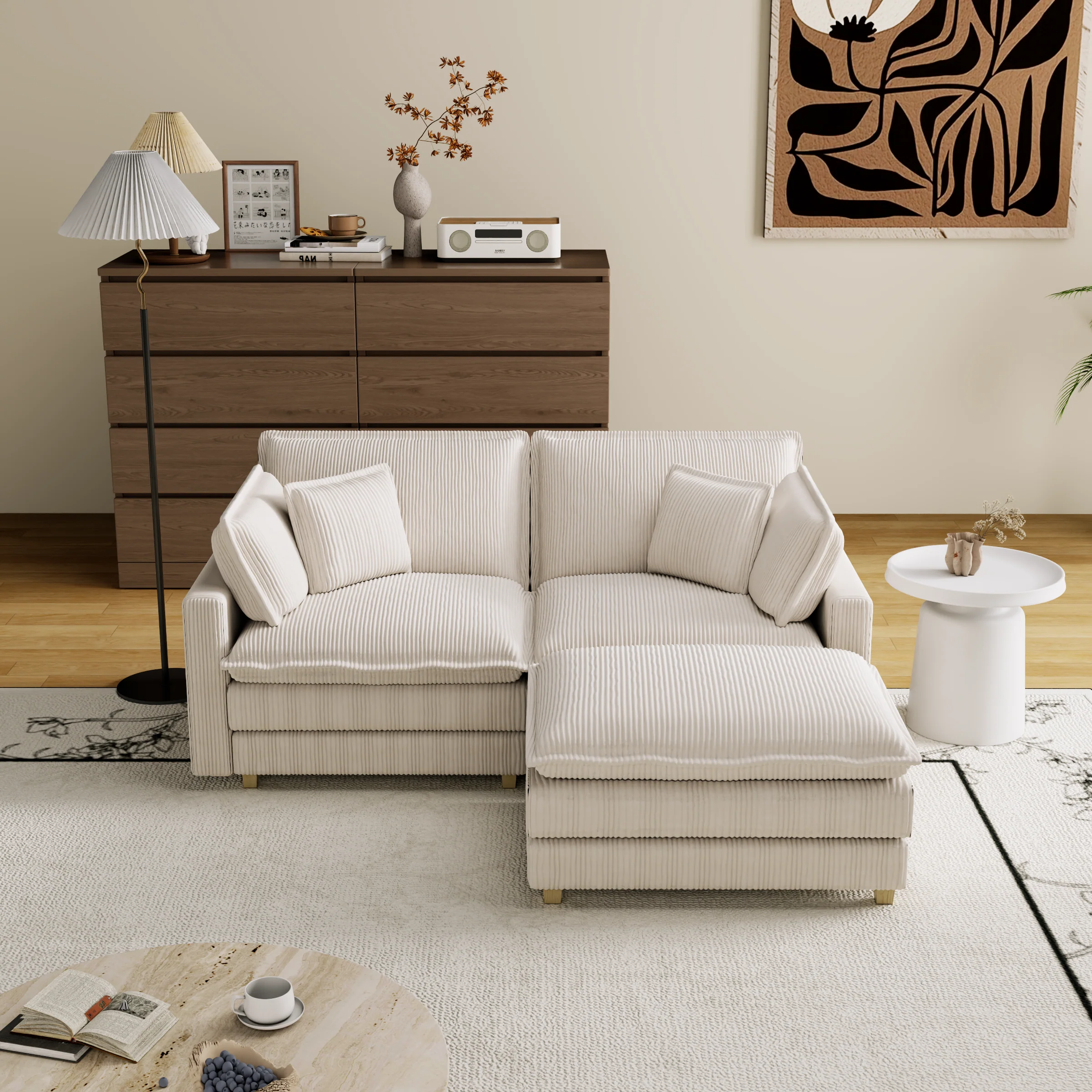 Walker Edison | Corduroy Modular Deep Seat Loveseat Sofa with Ottoman