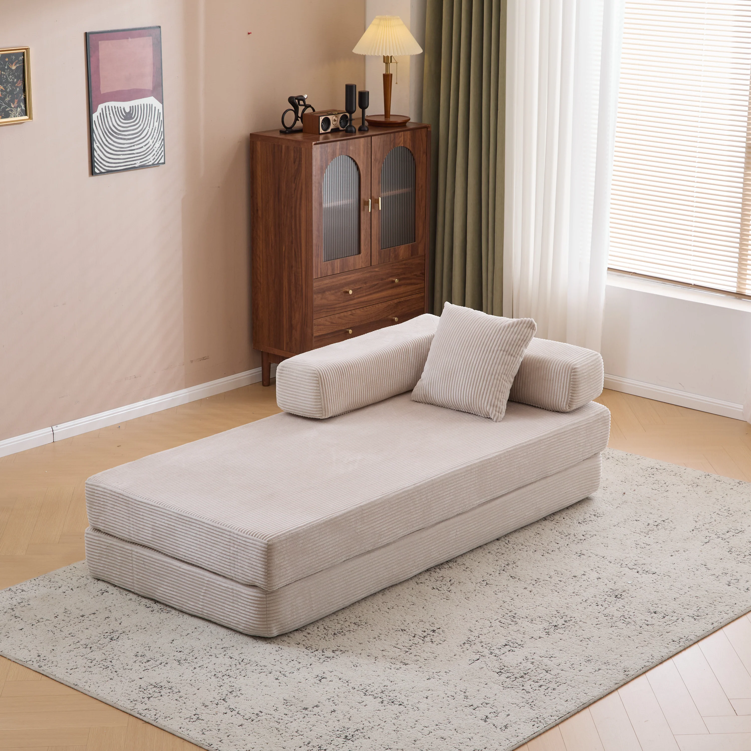 Walker Edison | Futon Corduroy Floor Sofa Bed with Pillows