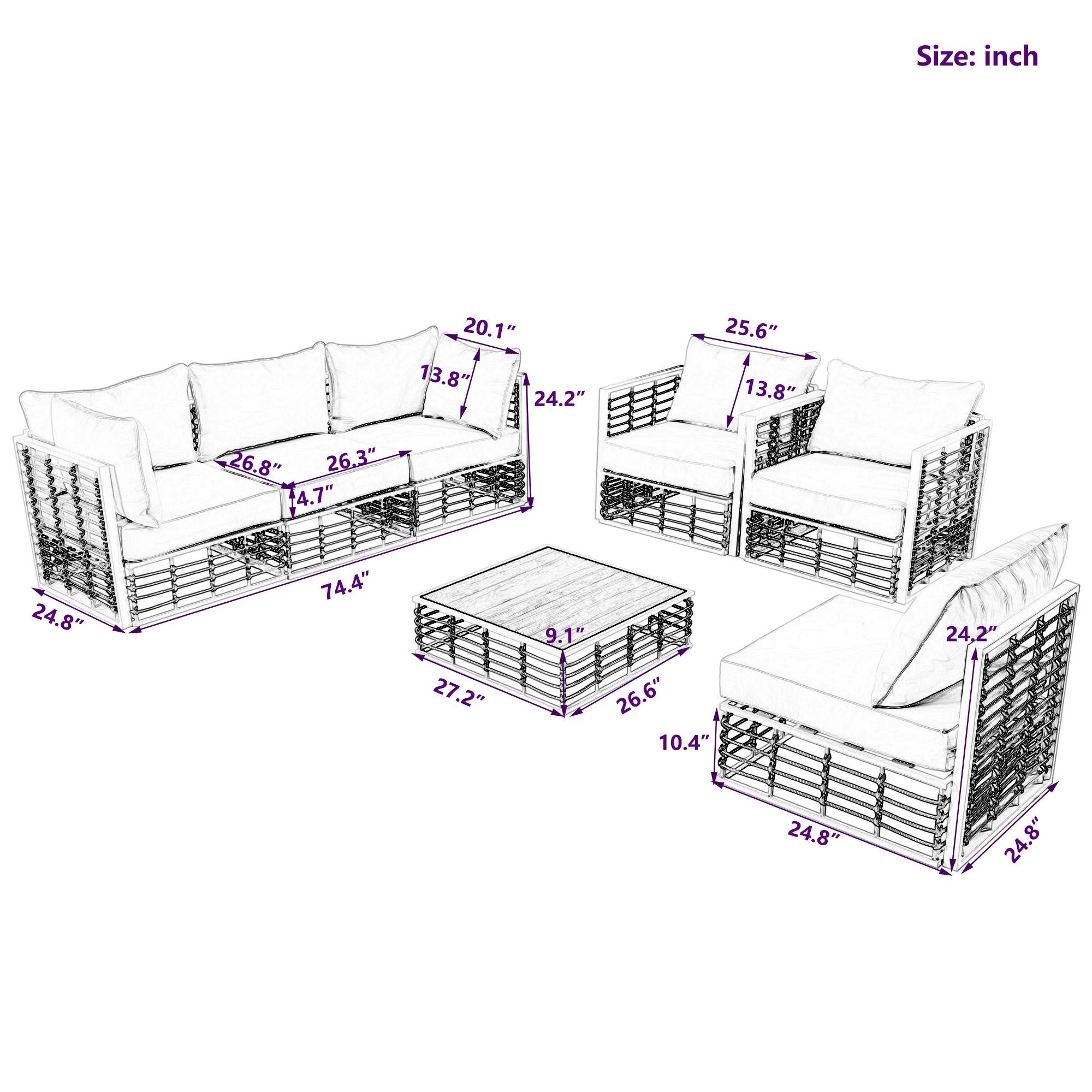 Walker Edison | White Modern Minimalist 7-Piece Metal Outdoor Patio Sectional Sofa Set