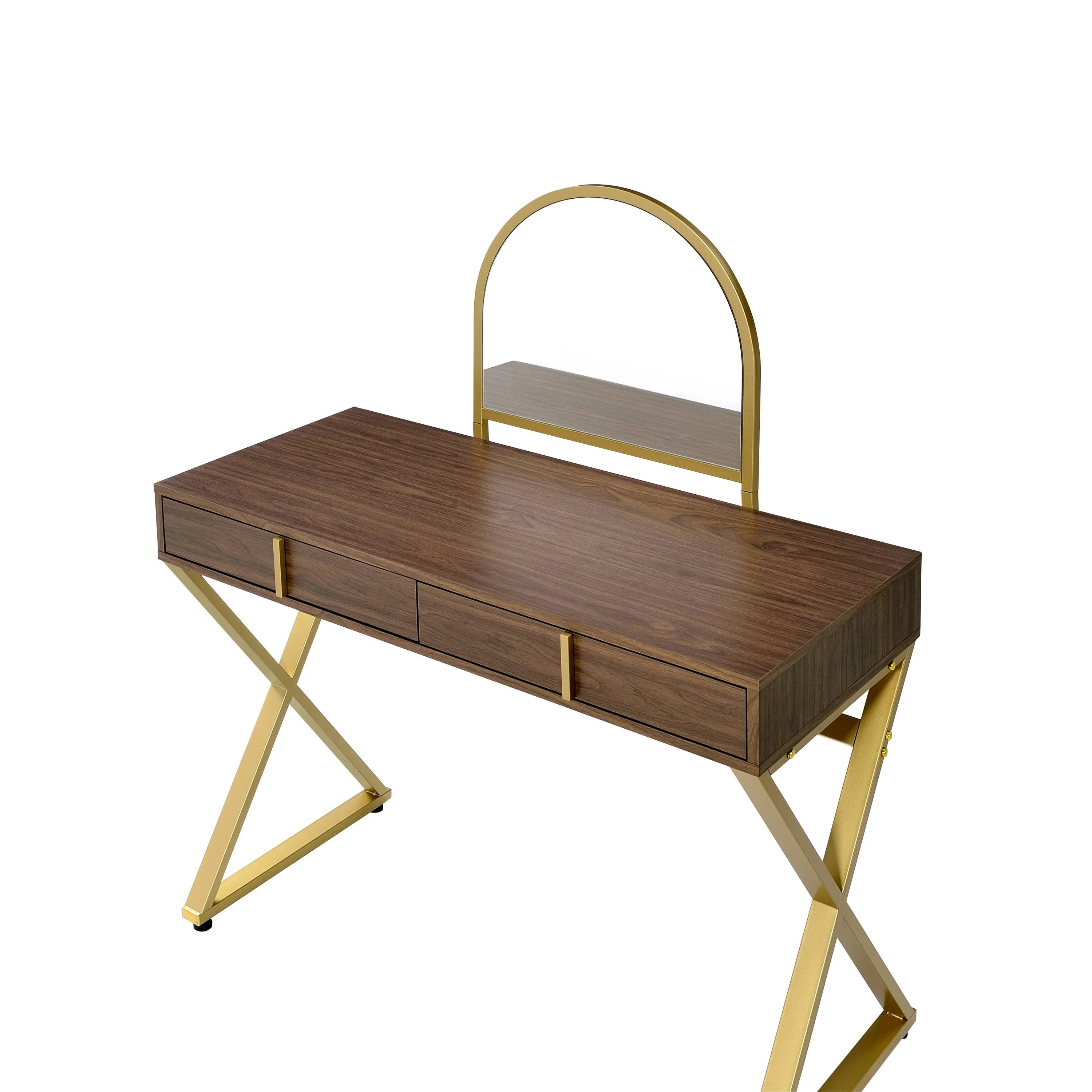 Walker Edison | Modern Walnut and Gold Finish Vanity Desk with Mirror and Jewelry Tray