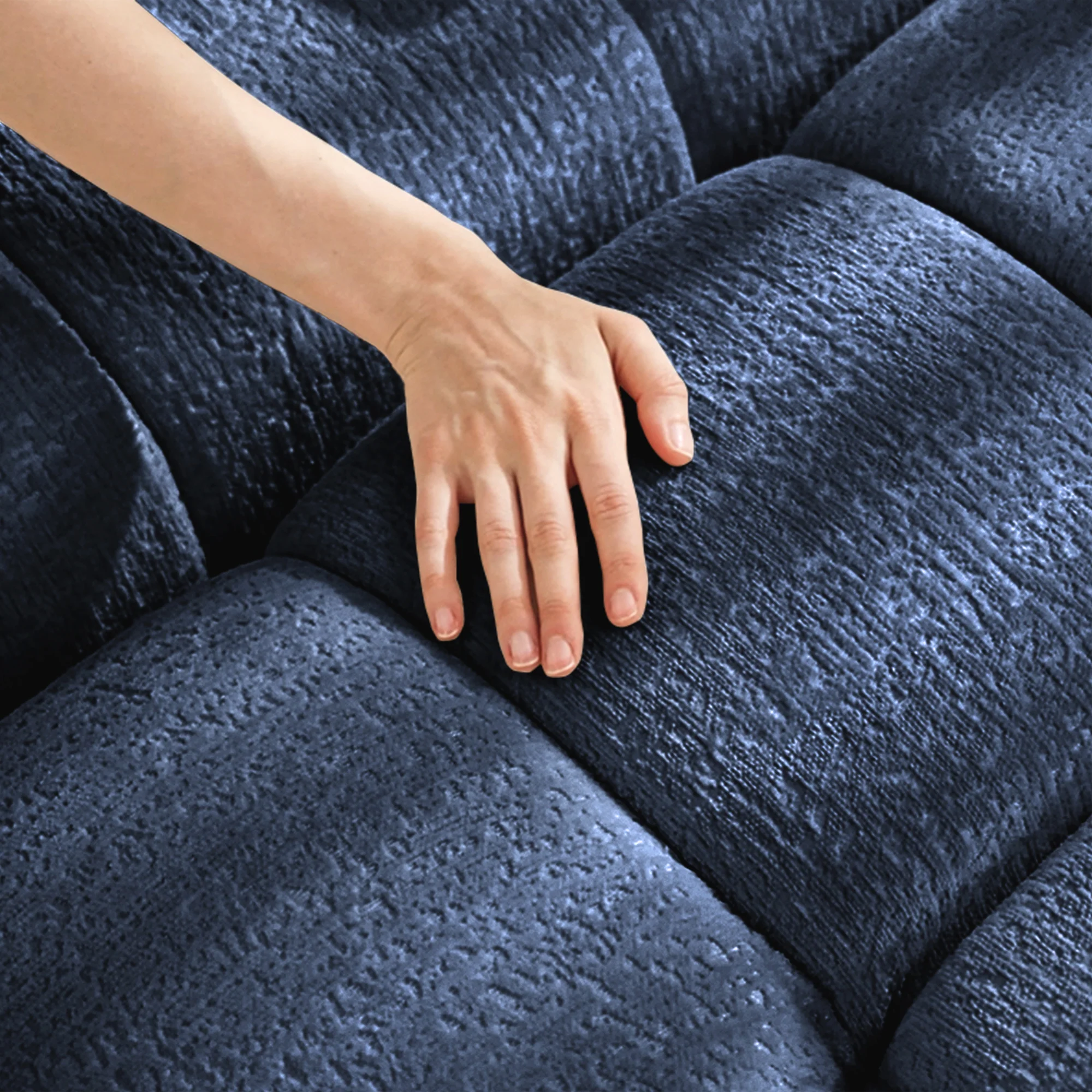 Walker Edison | Elegant Tufted Textured Chenille Blue Sofa Set with Ottoman and Pillows