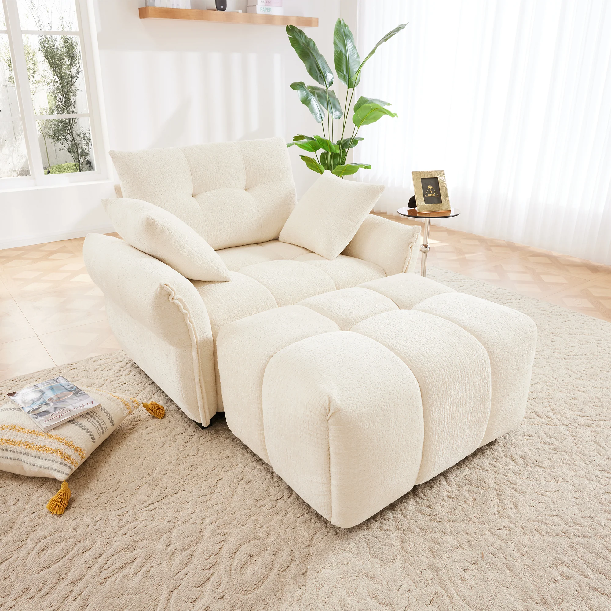 Walker Edison | Modern Tufted Ergonomic White Chenille Accent Chair with Ottoman Set