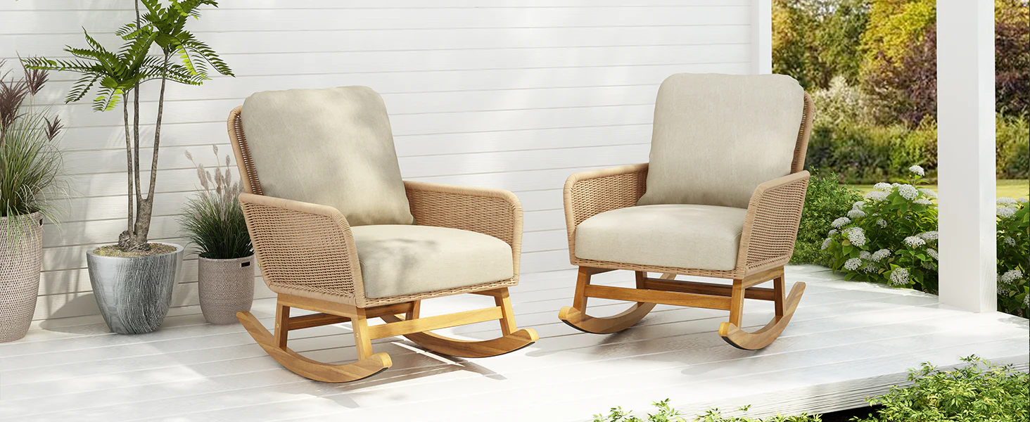Walker Edison | Contemporary Minimalist Beige Wicker Rocking Chair Set of 2