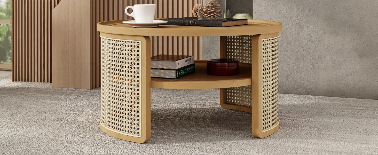 Walker Edison | Tiered Round Rattan Coffee Table with Storage
