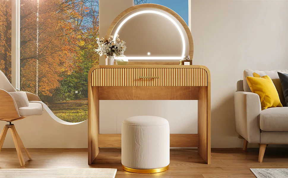 Walker Edison | Natural Reeded Curve Design Makeup Vanity Desk with Mirror