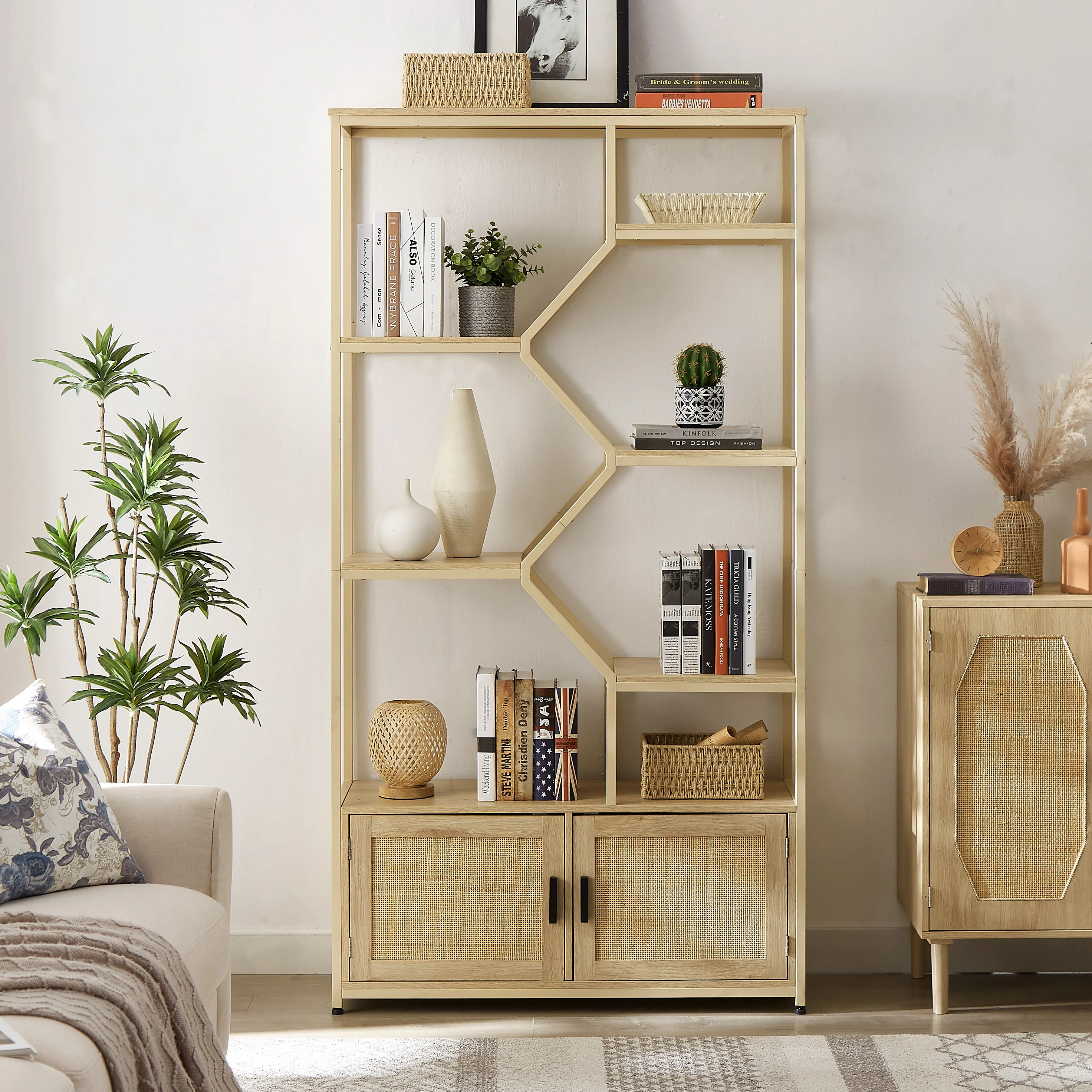 Walker Edison | Rattan Bookshelf Storage Cabinet