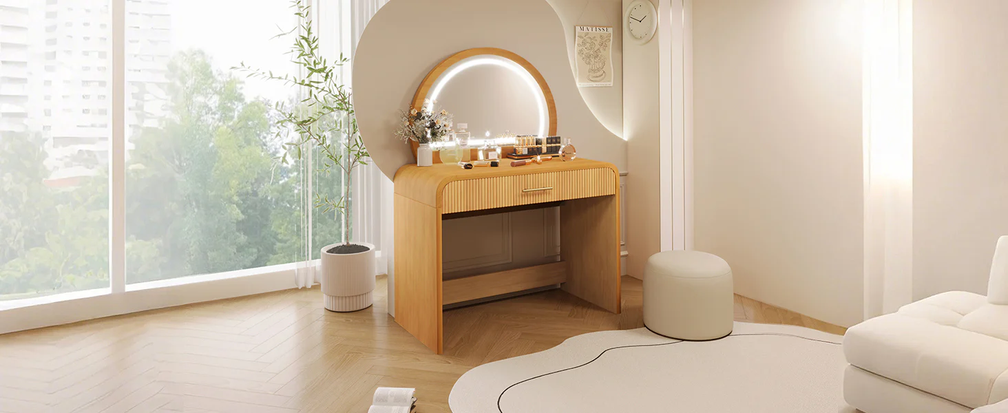 Walker Edison | Natural Reeded Curve Design Makeup Vanity Desk with Mirror