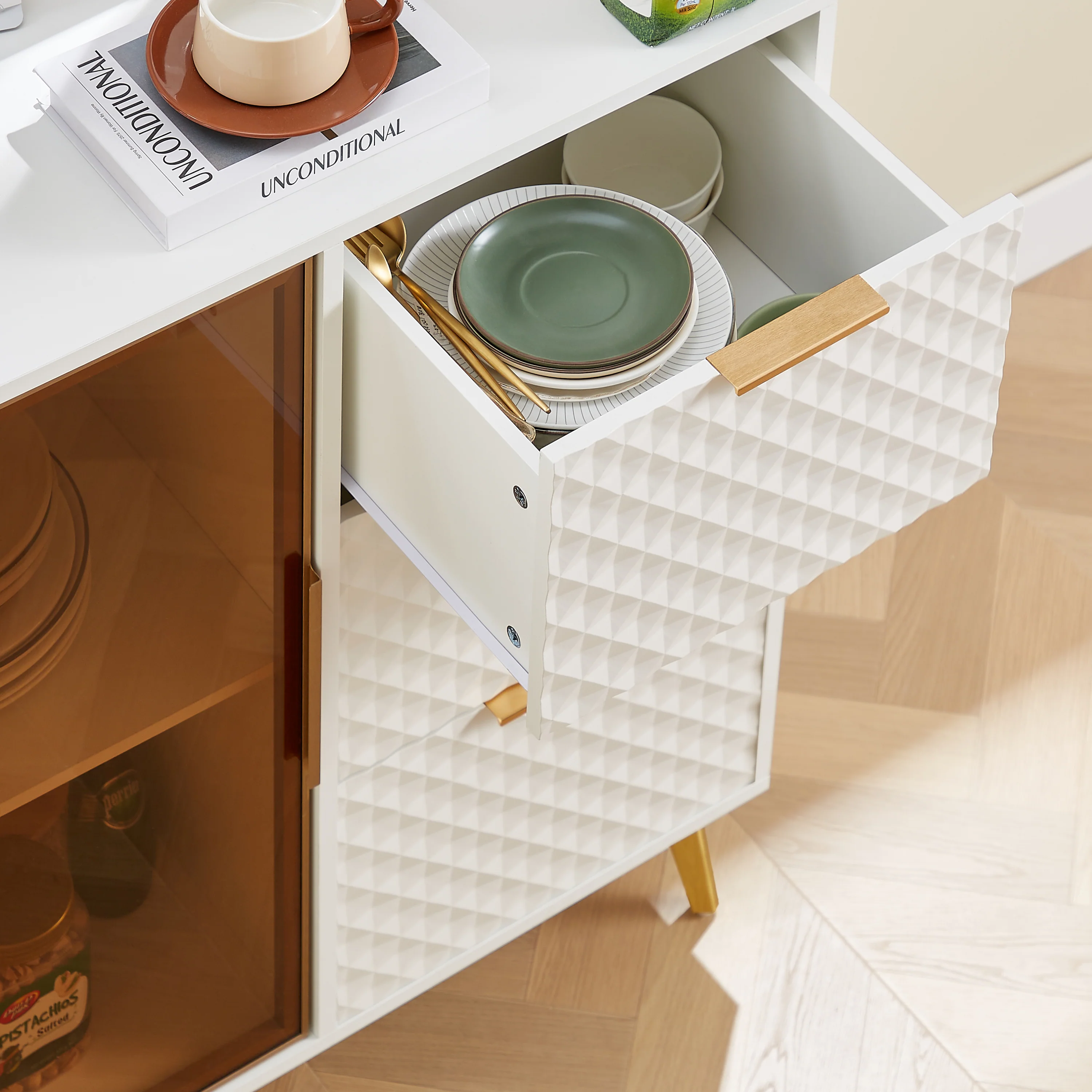 Walker Edison | Modular Modern Fashion Style Accent Cabinet with Tempered Glass Doors