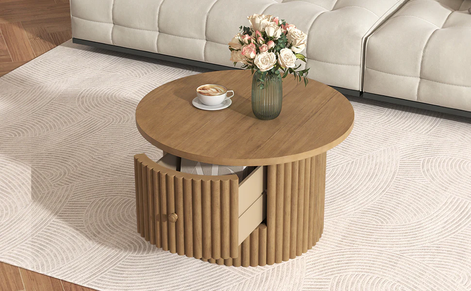 Walker Edison | Reeded Round Coffee Table with a Drawer
