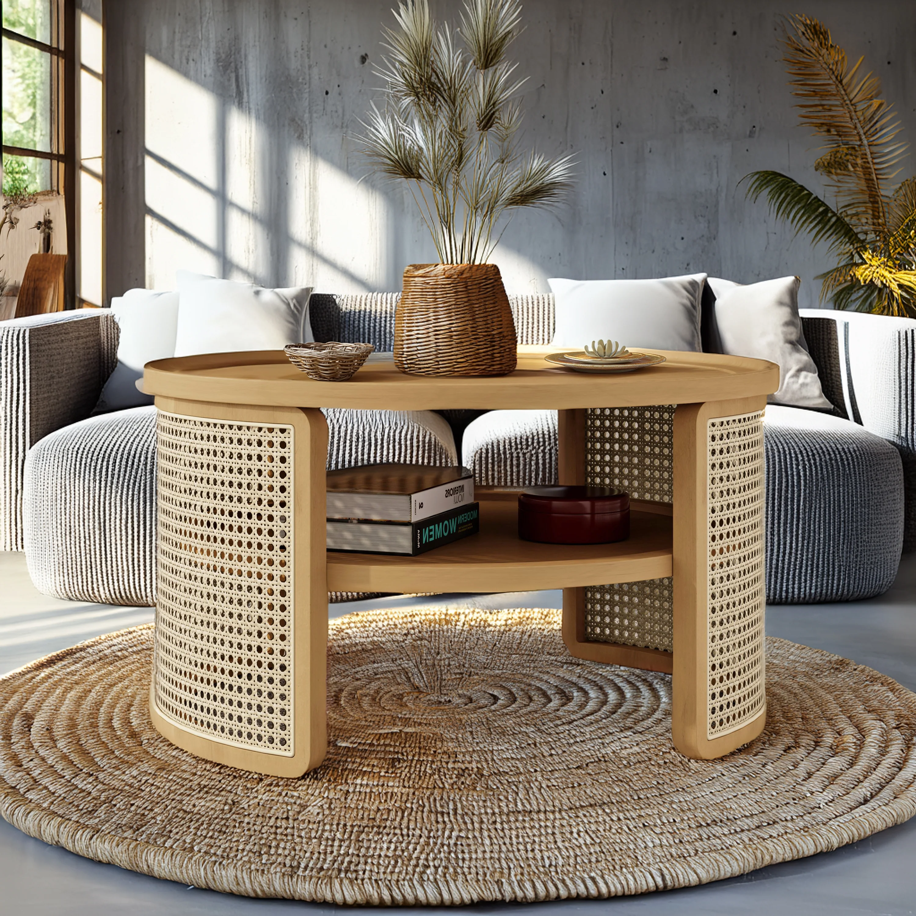 Walker Edison | Tiered Round Rattan Coffee Table with Storage