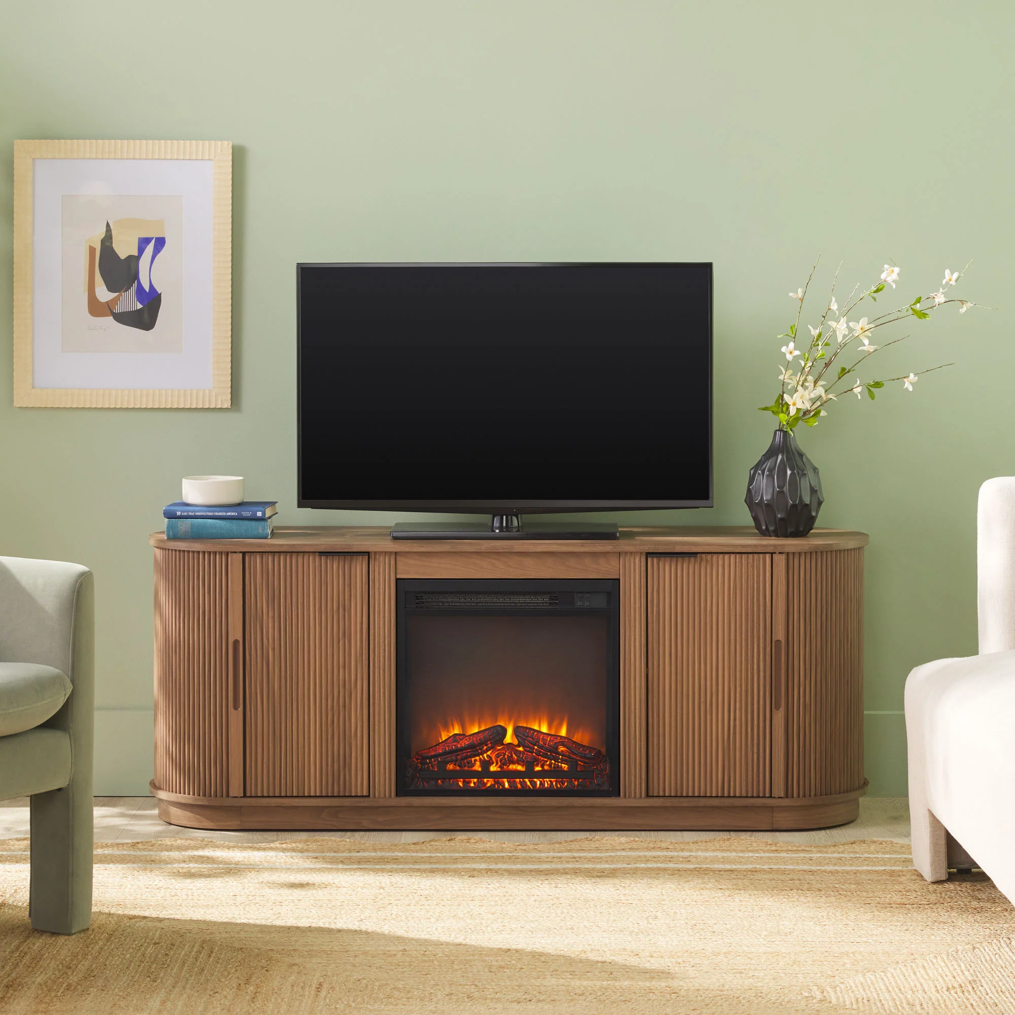 Chloe Modern Scandinavian Reeded Fireplace TV Stand in 2 Sizes