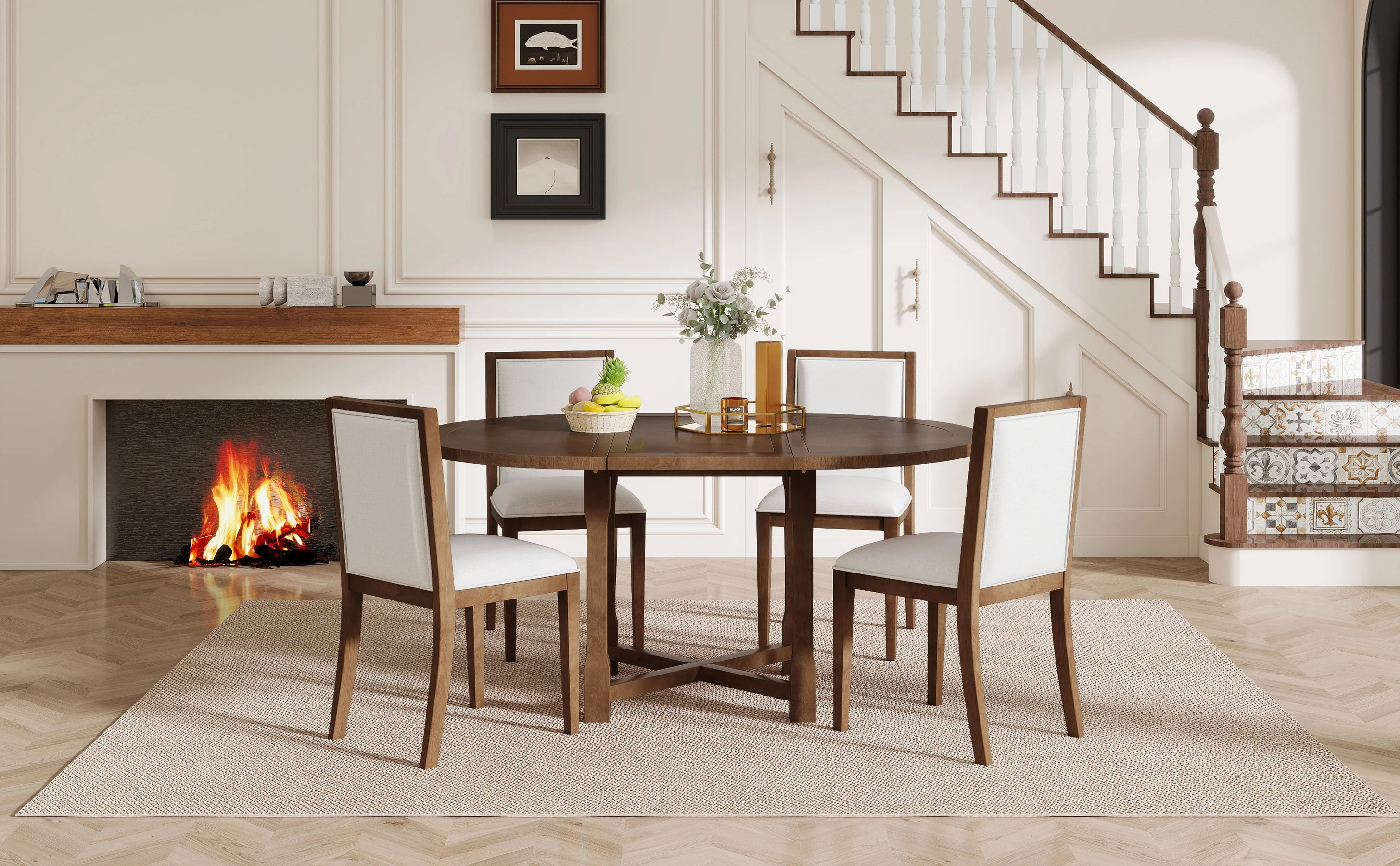 Walker Edison | Farmhouse Kitchen 5-Piece Extendable Dining Table Set for 4 with Upholstered Chair