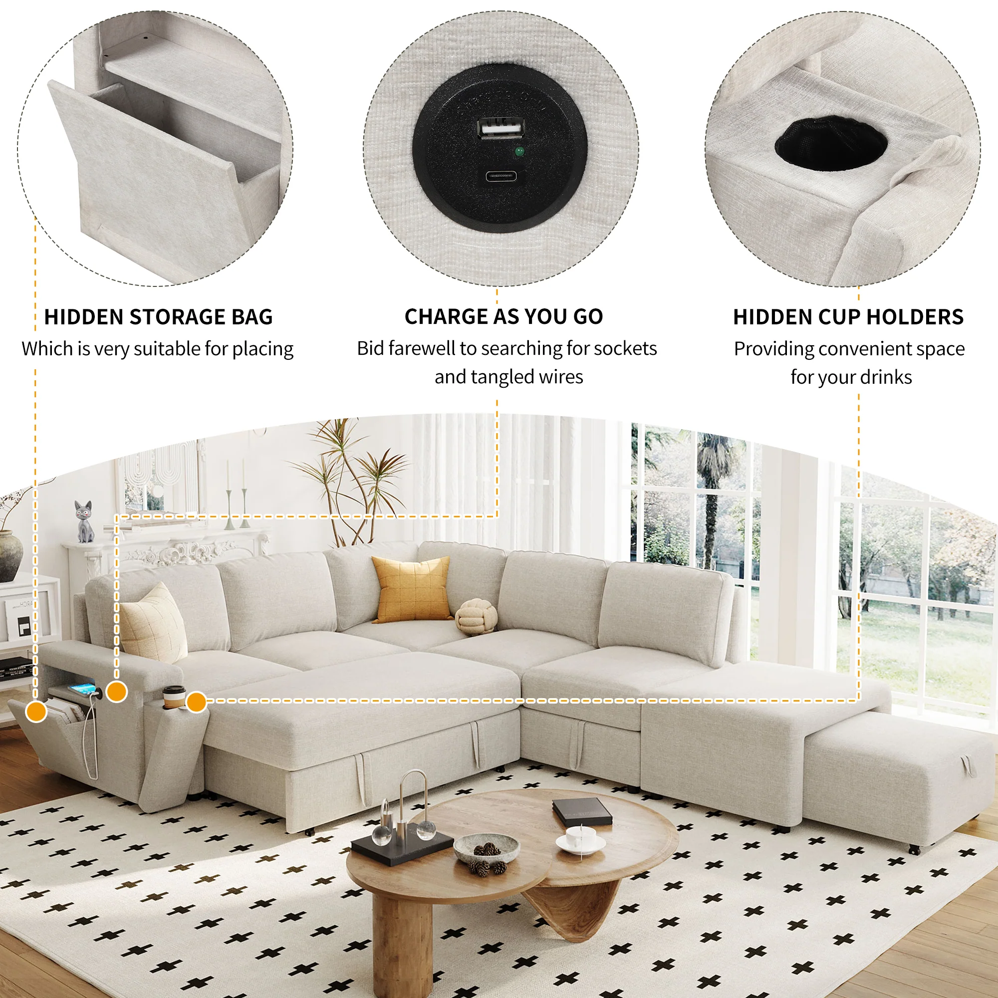 Walker Edison | L-Shaped Modular Sectional Sofa with Storage and USB Ports