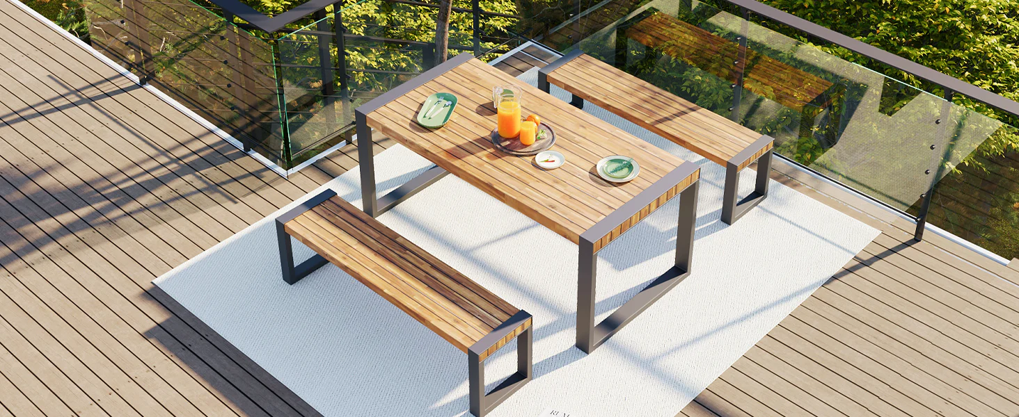Walker Edison | Simple Outdoor Wood 3-pieces Dining Table With 2 Benches Set