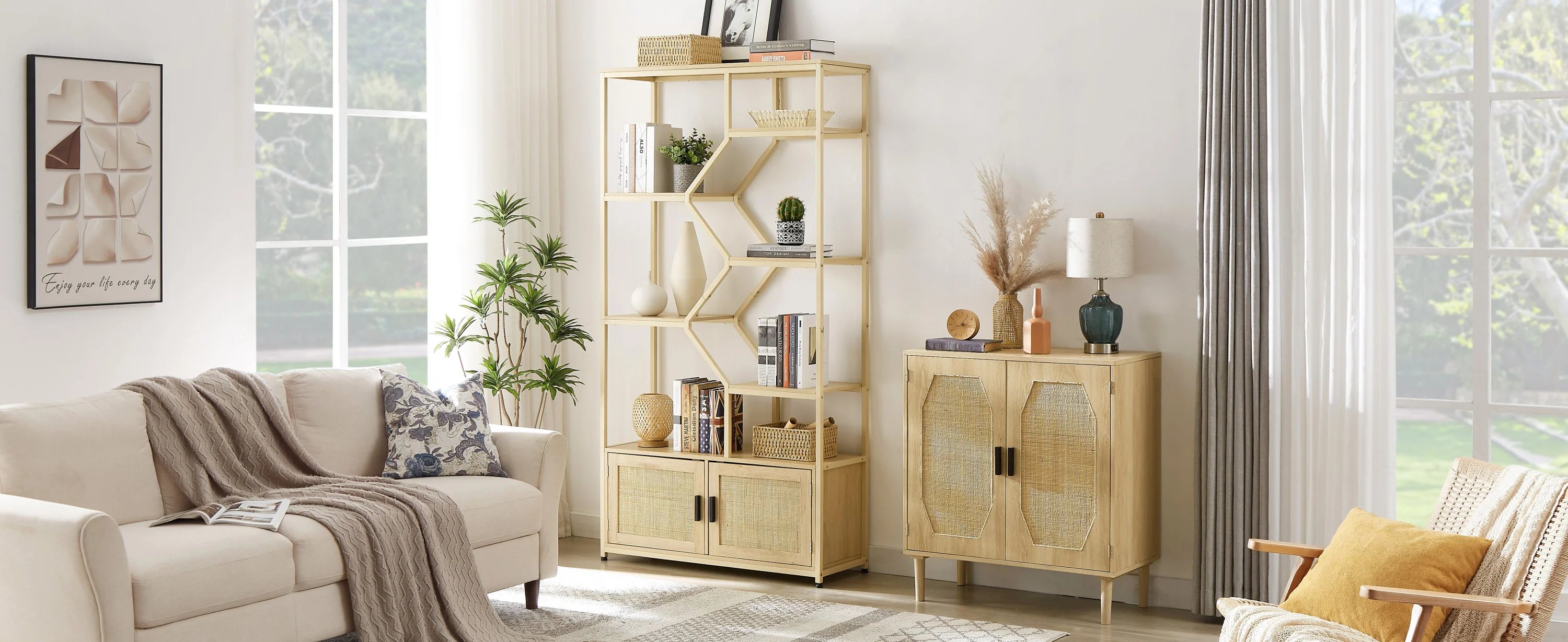Walker Edison | Rattan Bookshelf Storage Cabinet