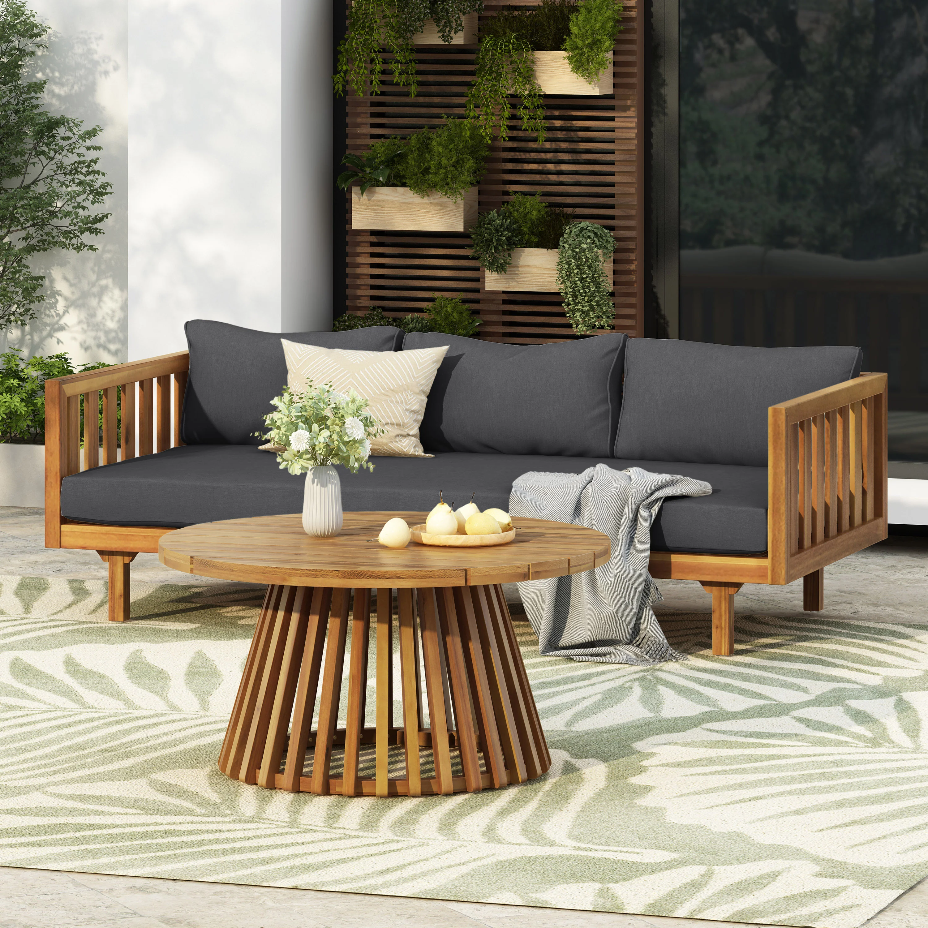 Walker Edison | Outdoor 3 Piece Teak Deep Seat Daybed Sofa with Coffee Table