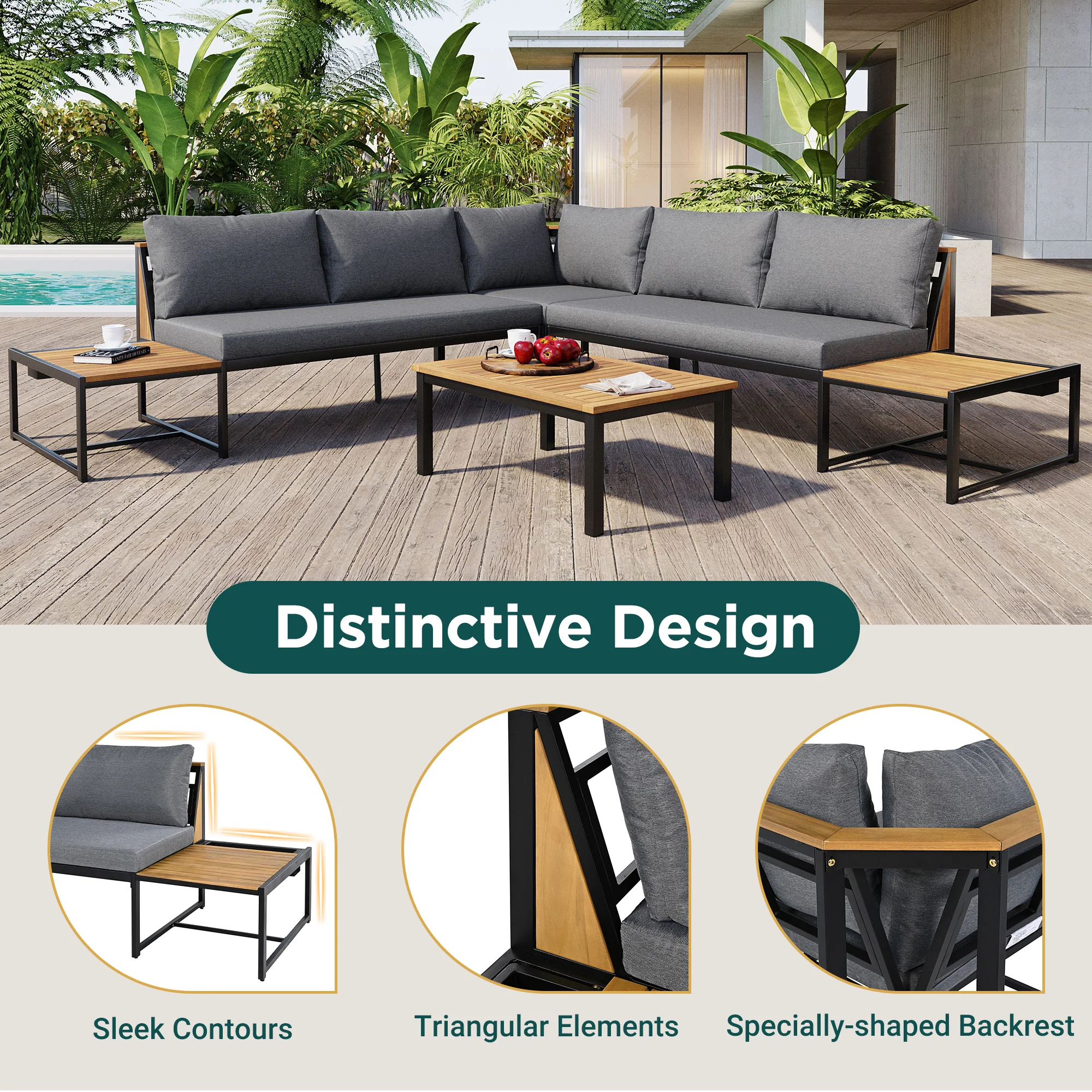 Walker Edison | 4 Pieces Outdoor Patio Sofa Sectional Set with Coffee and Side Tables
