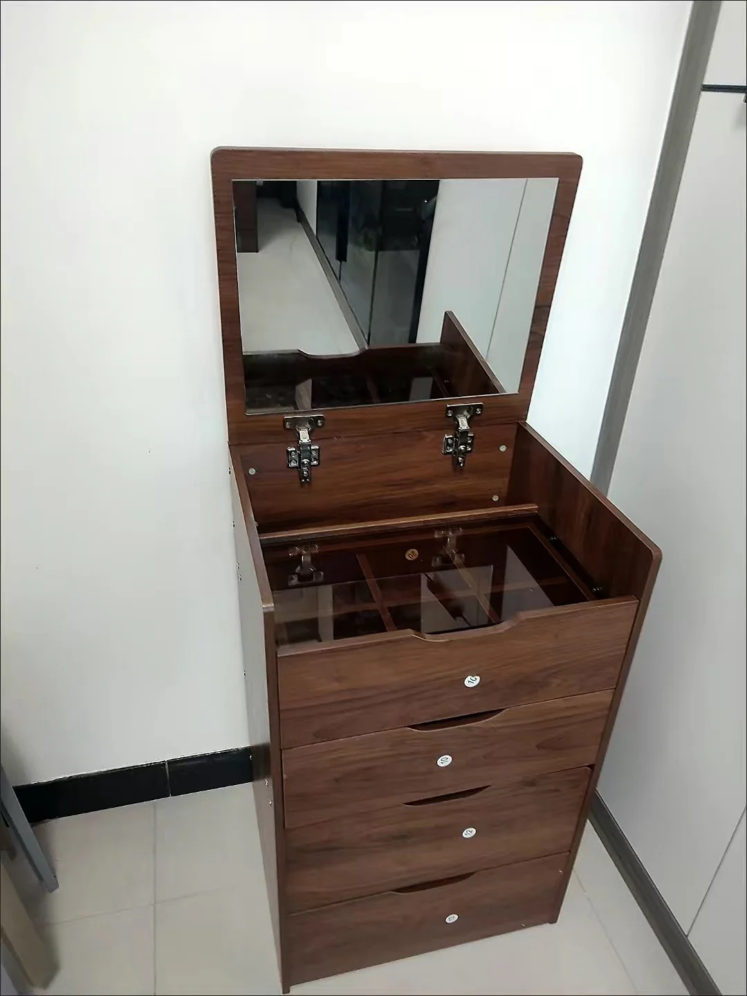 Walker Edison | Walnut 3 in 1 Vanity Desk with Flip Top Mirror & Cushioned Stool