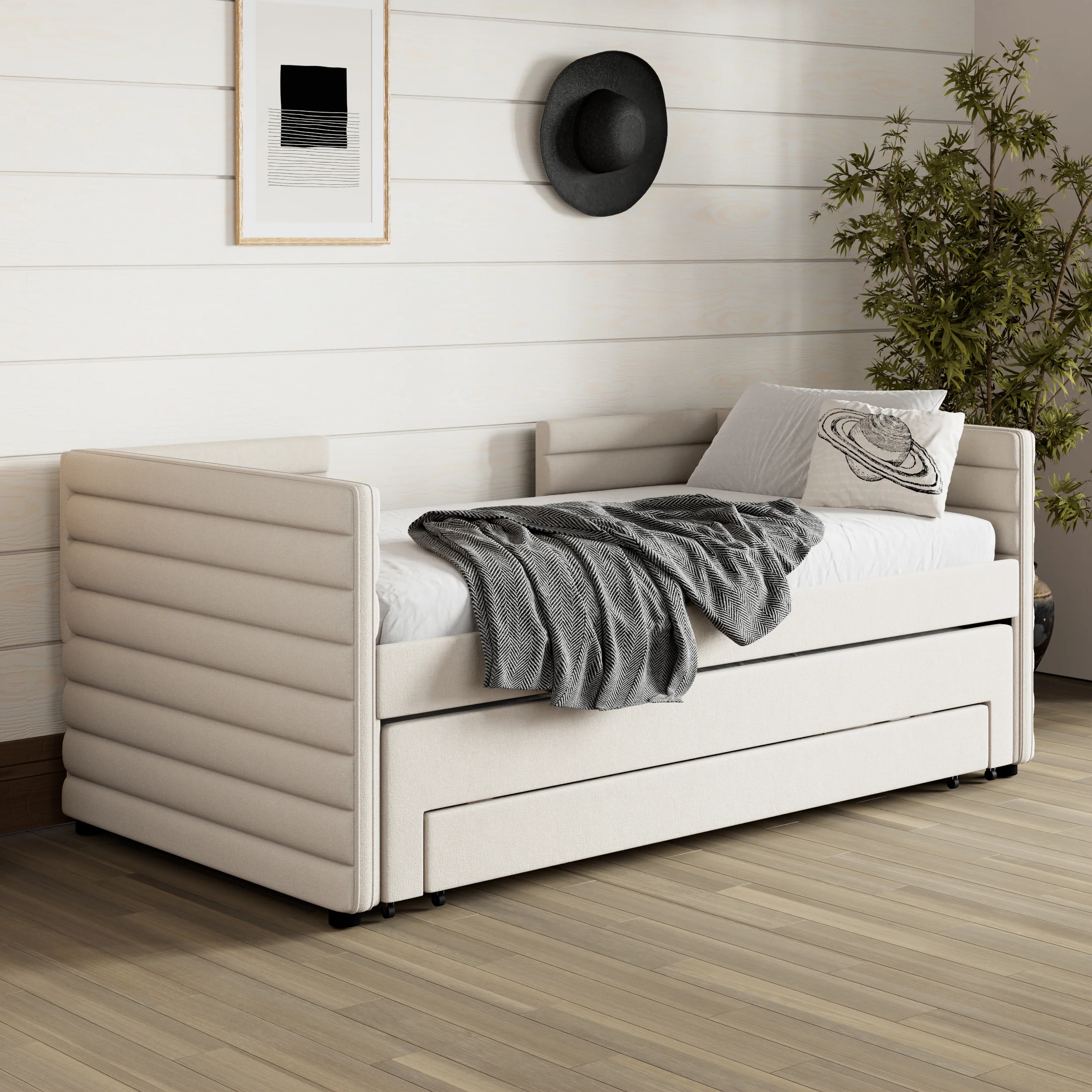 Walker Edison | Twin Size Upholstered Daybed with Trundle and 3 Storage Drawers