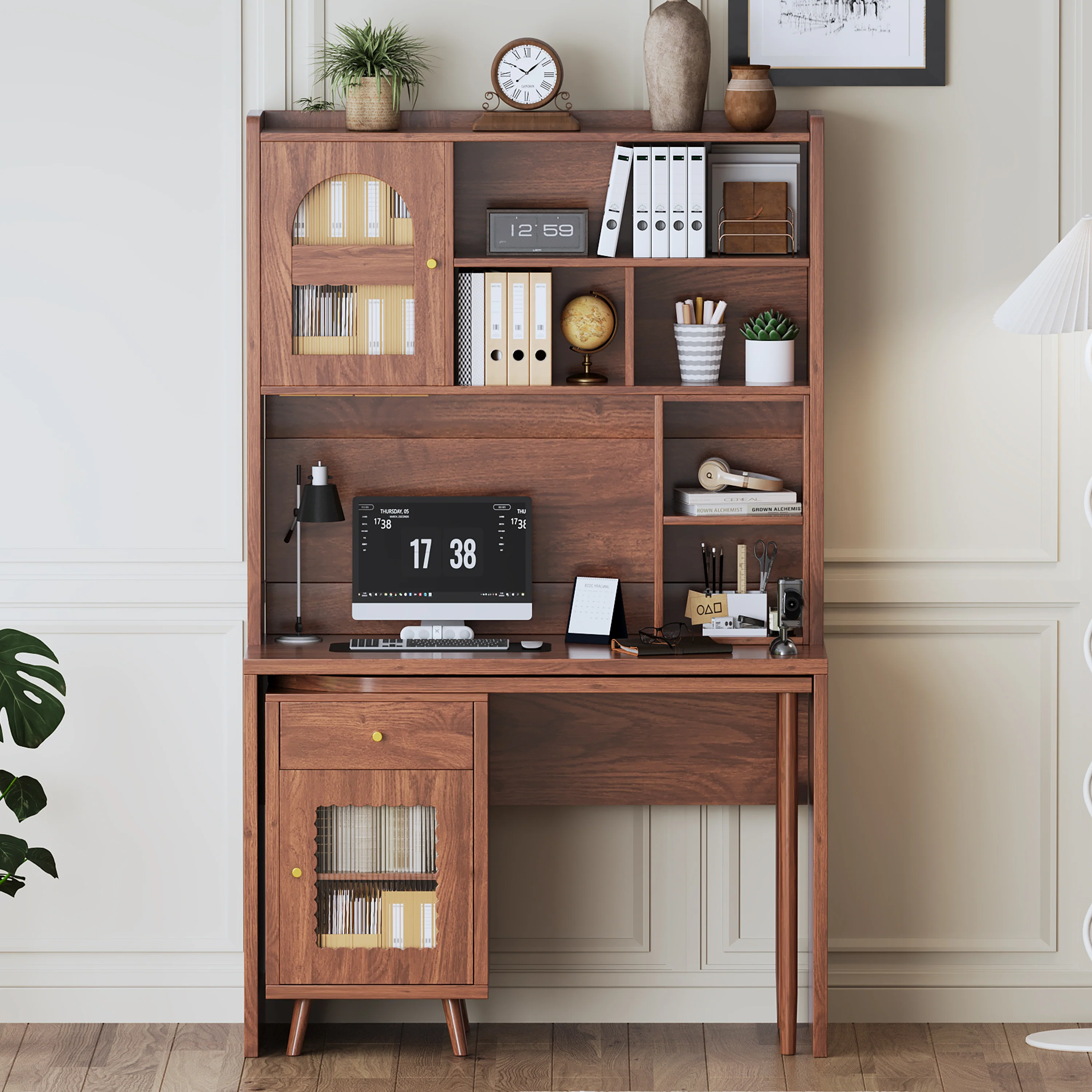 Walker Edison | Computer Desk with 90 Degree Rotating Desktop and Storage