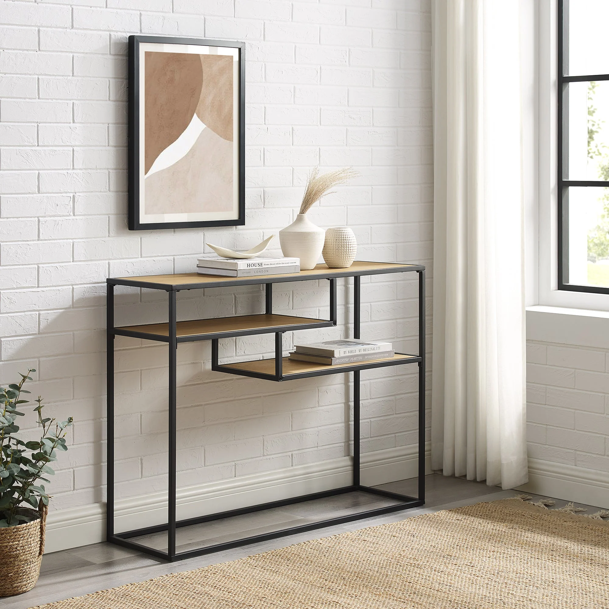Maya 42 Metal and Wood Tiered Shelf Entry Table