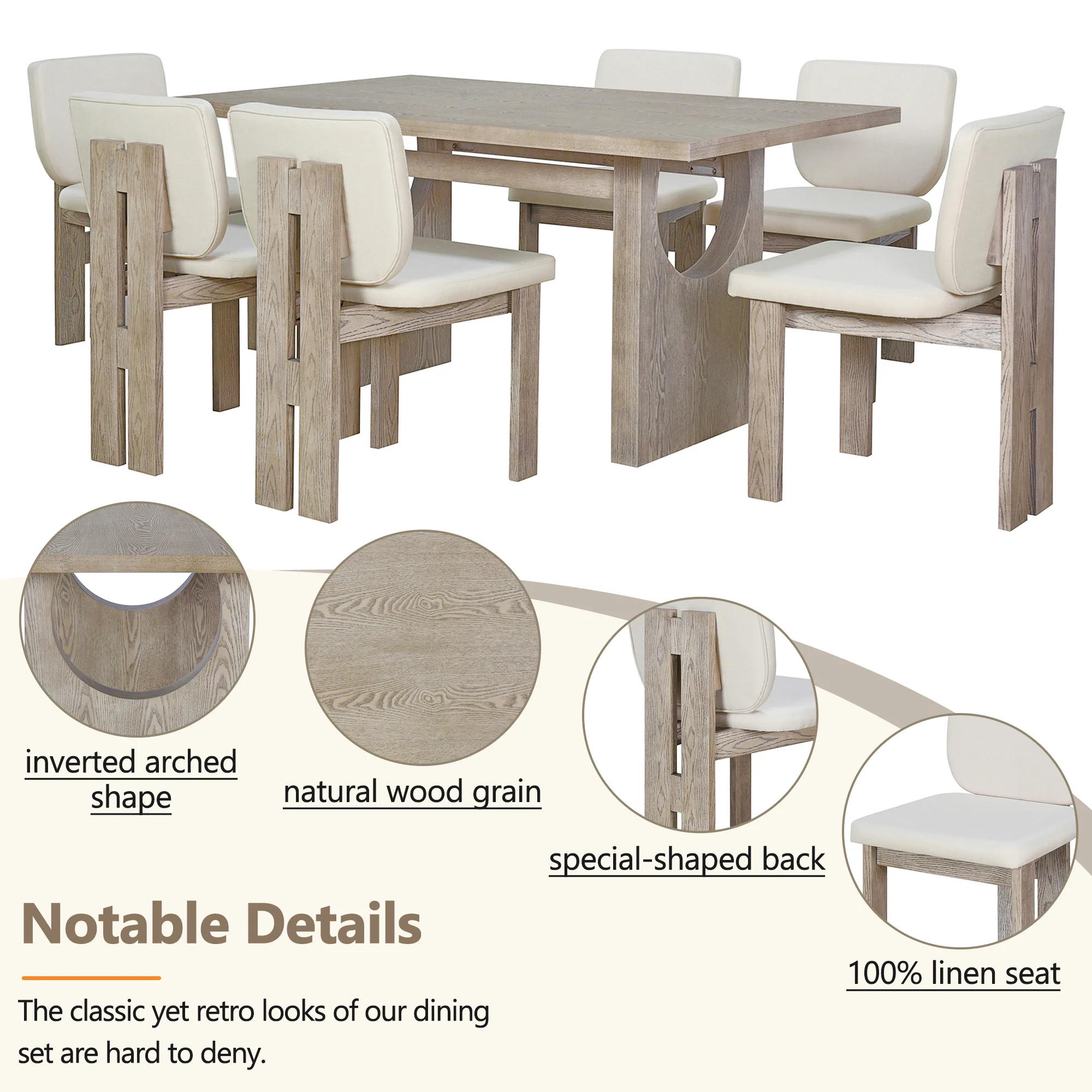 Walker Edison | Natural Wood Wash 7-Piece Retro Dining Set with 6 Upholstered Chairs