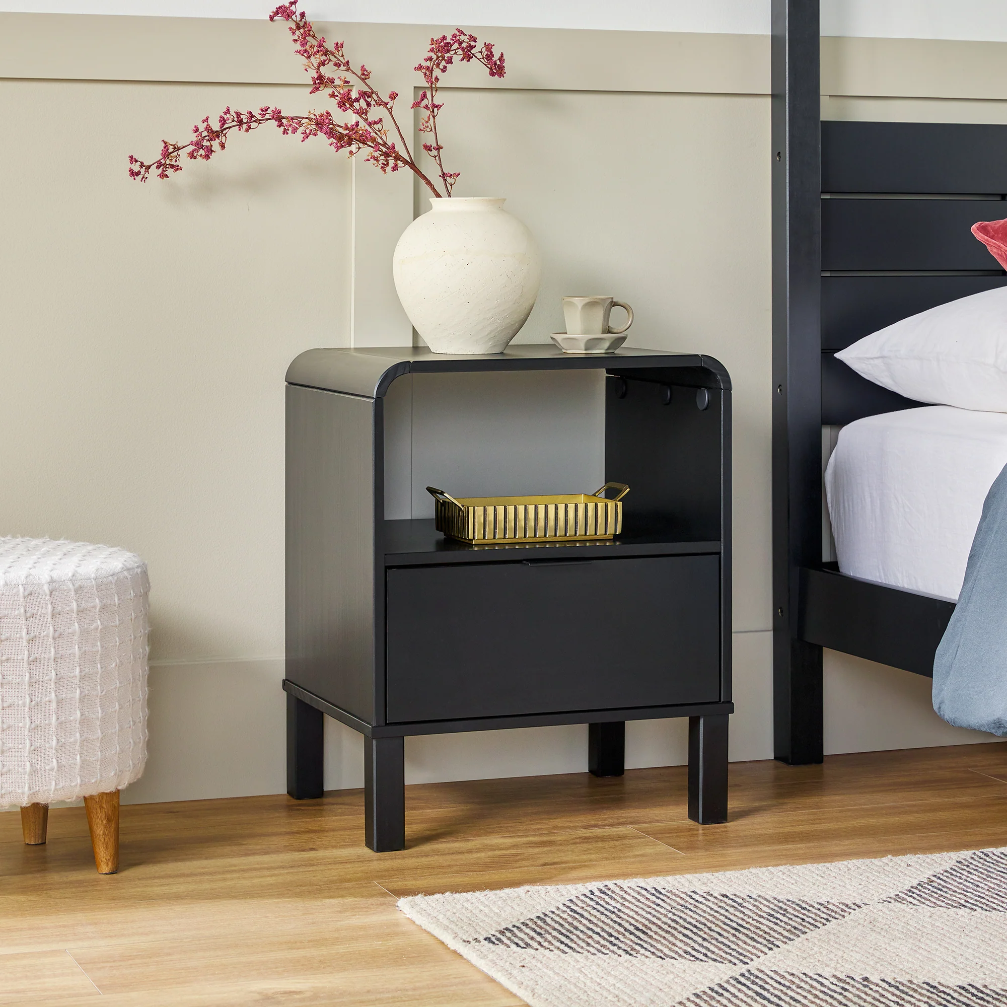 Elias Modern Curved-Frame Solid Wood Nightstand