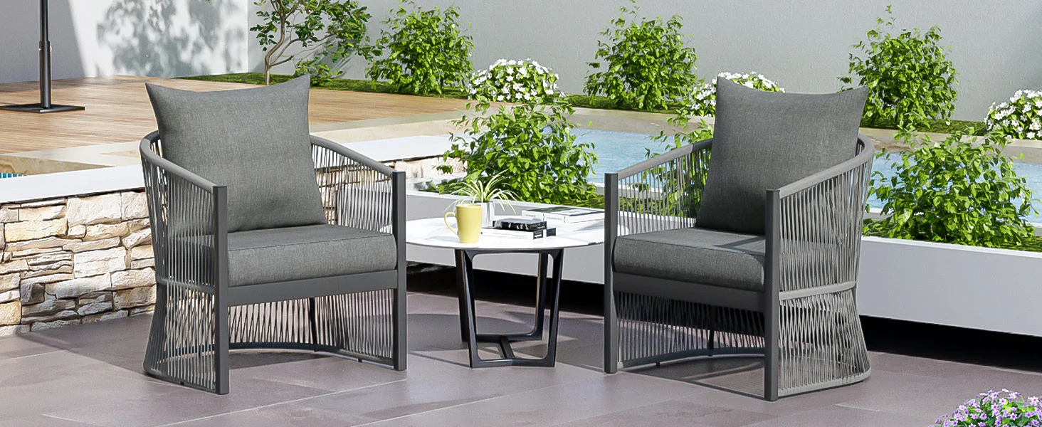 Walker Edison | Stylish Rope-Weave Gray Curved Outdoor Chairs Set of 2