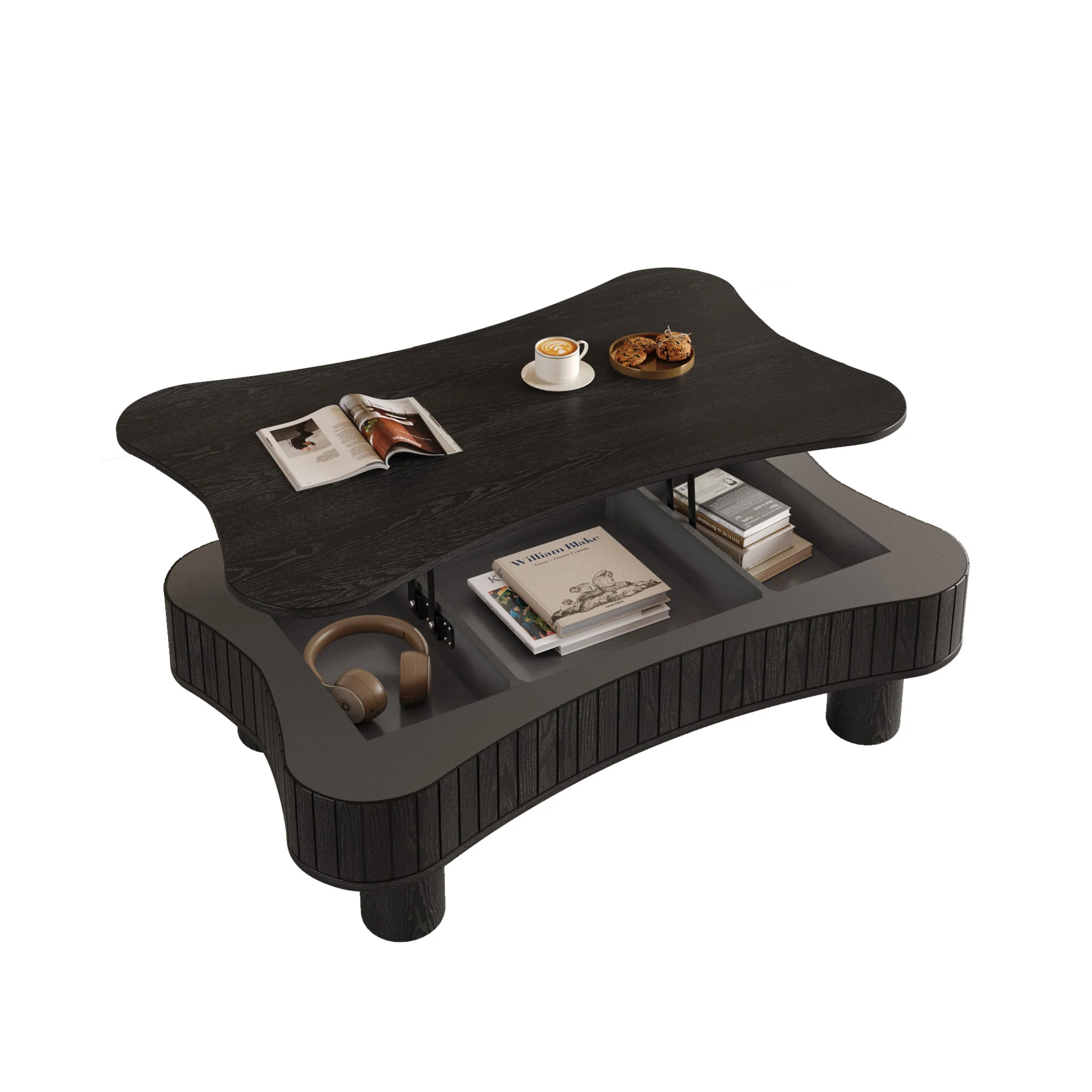 Walker Edison | Black Reeded Curve Design Lift Top Coffee Table and Desk