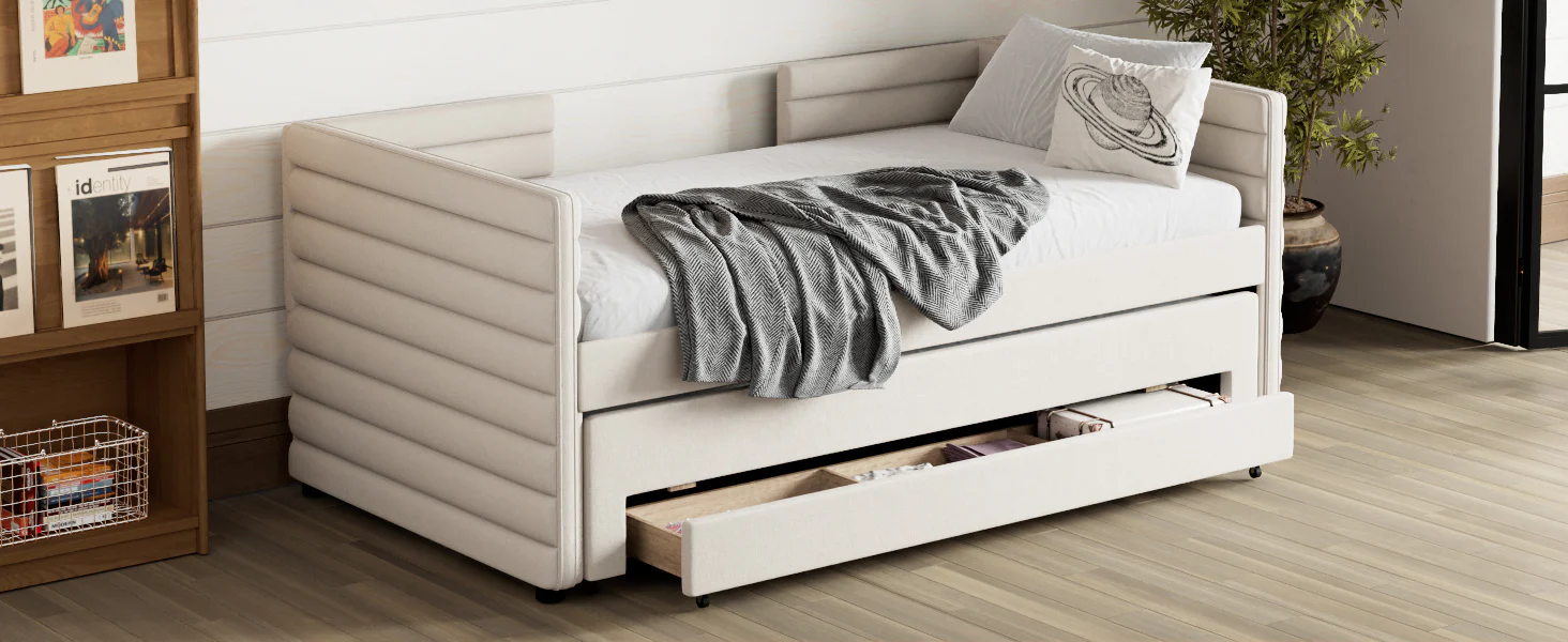Walker Edison | Twin Size Upholstered Daybed with Trundle and 3 Storage Drawers