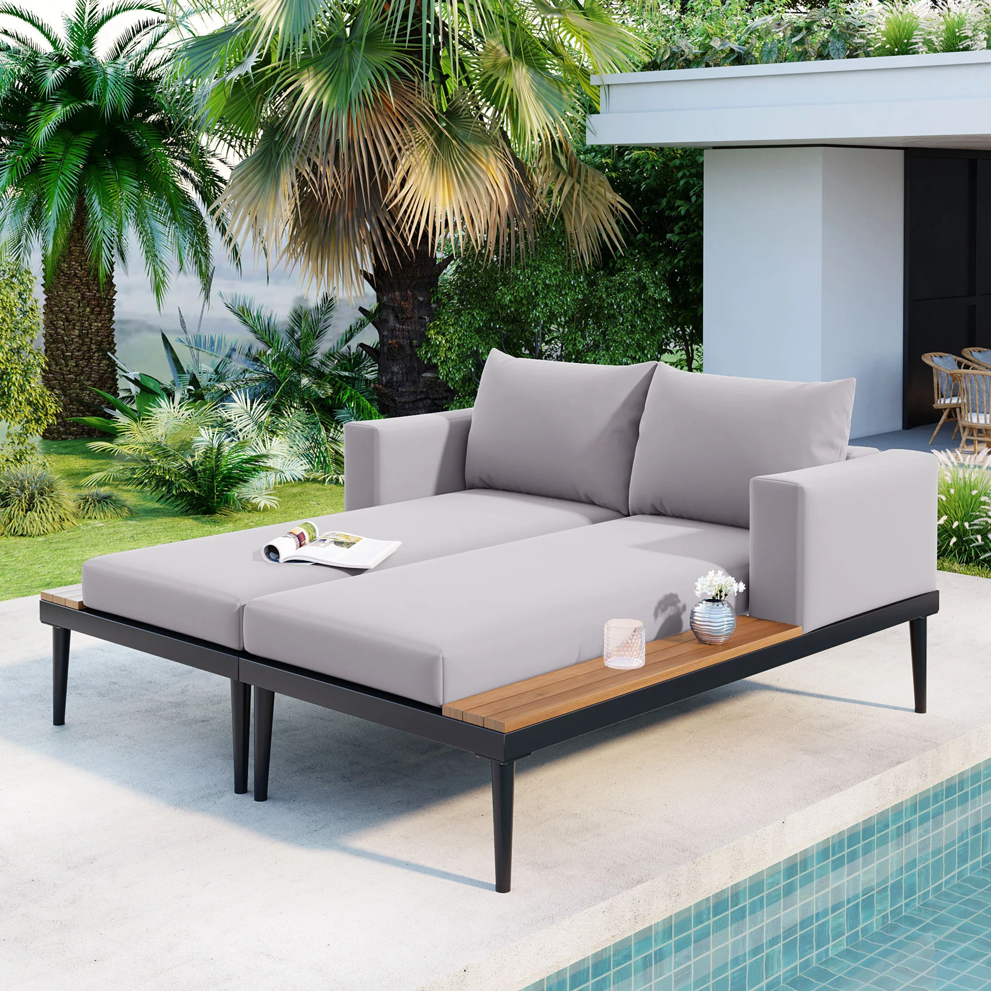 Walker Edison | Modern Outdoor Patio Daybed with Wood Topped Side Tables