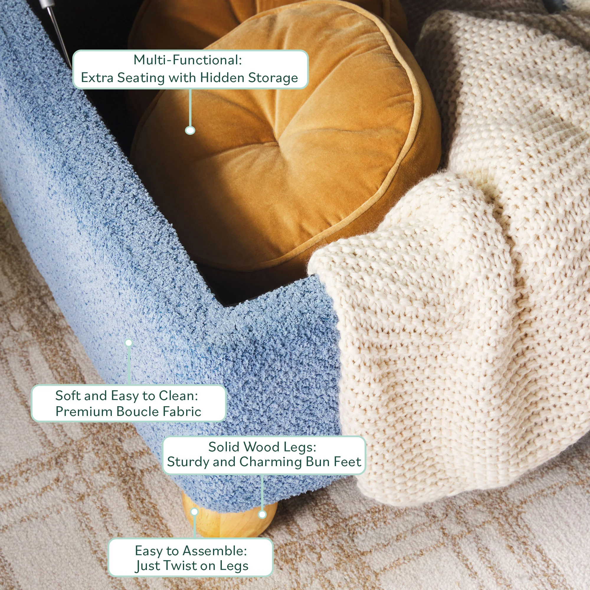 Linley Contemporary Boucle Easy Assembly Upholstered Large Storage Ottoman