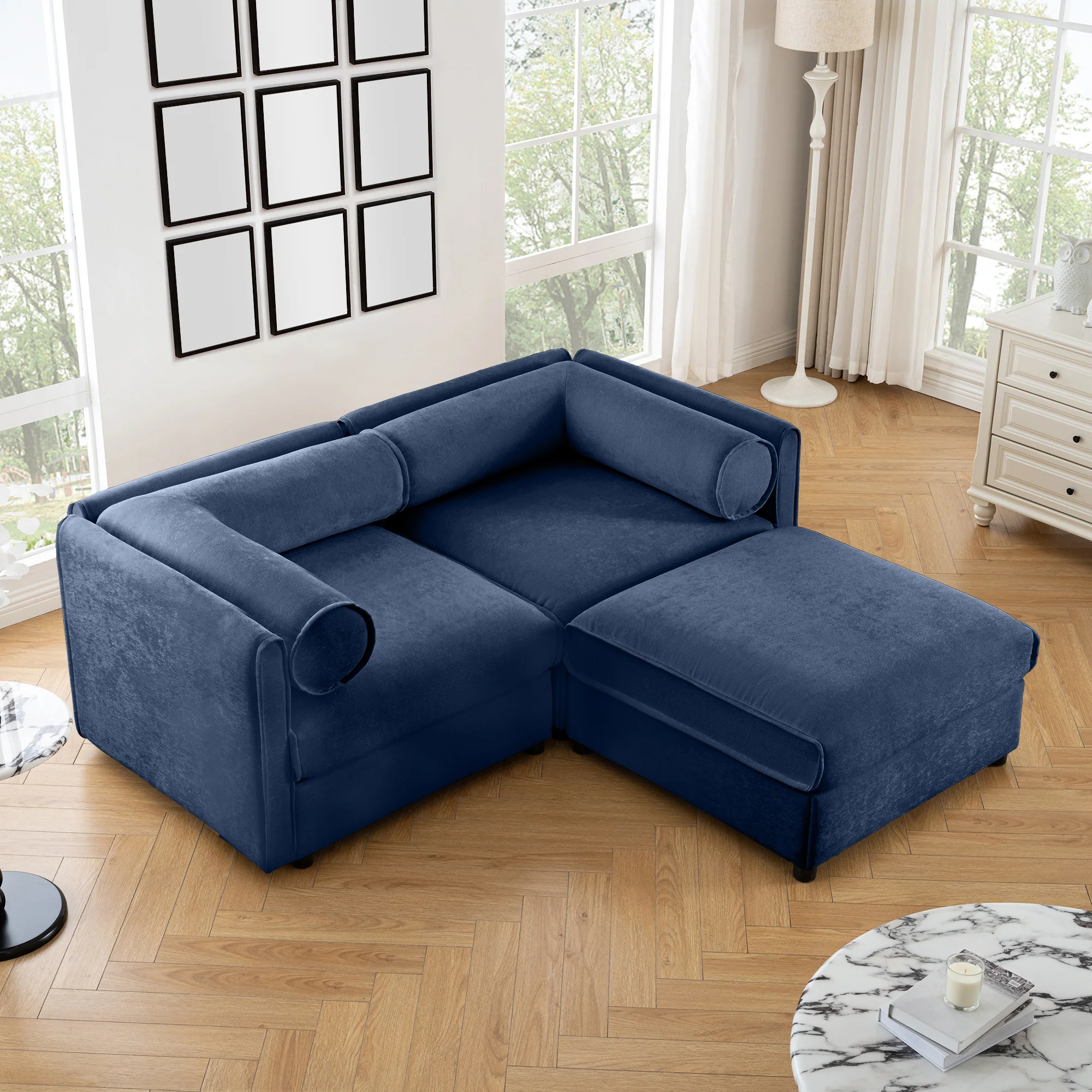 Walker Edison | Stylish Blue Chenille Loveseat Sofa with Ottoman Storage Seat