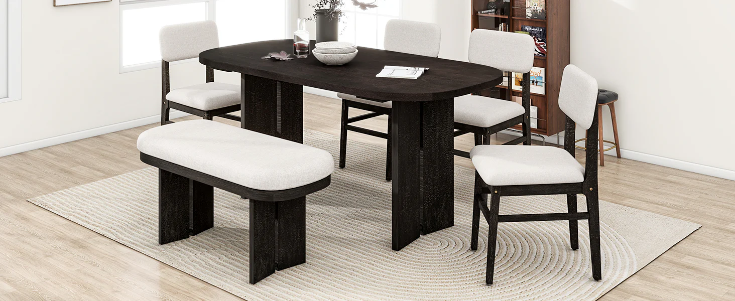 Walker Edison | Solid Wood 6-Piece Upholstered Dining Table Set with Bench