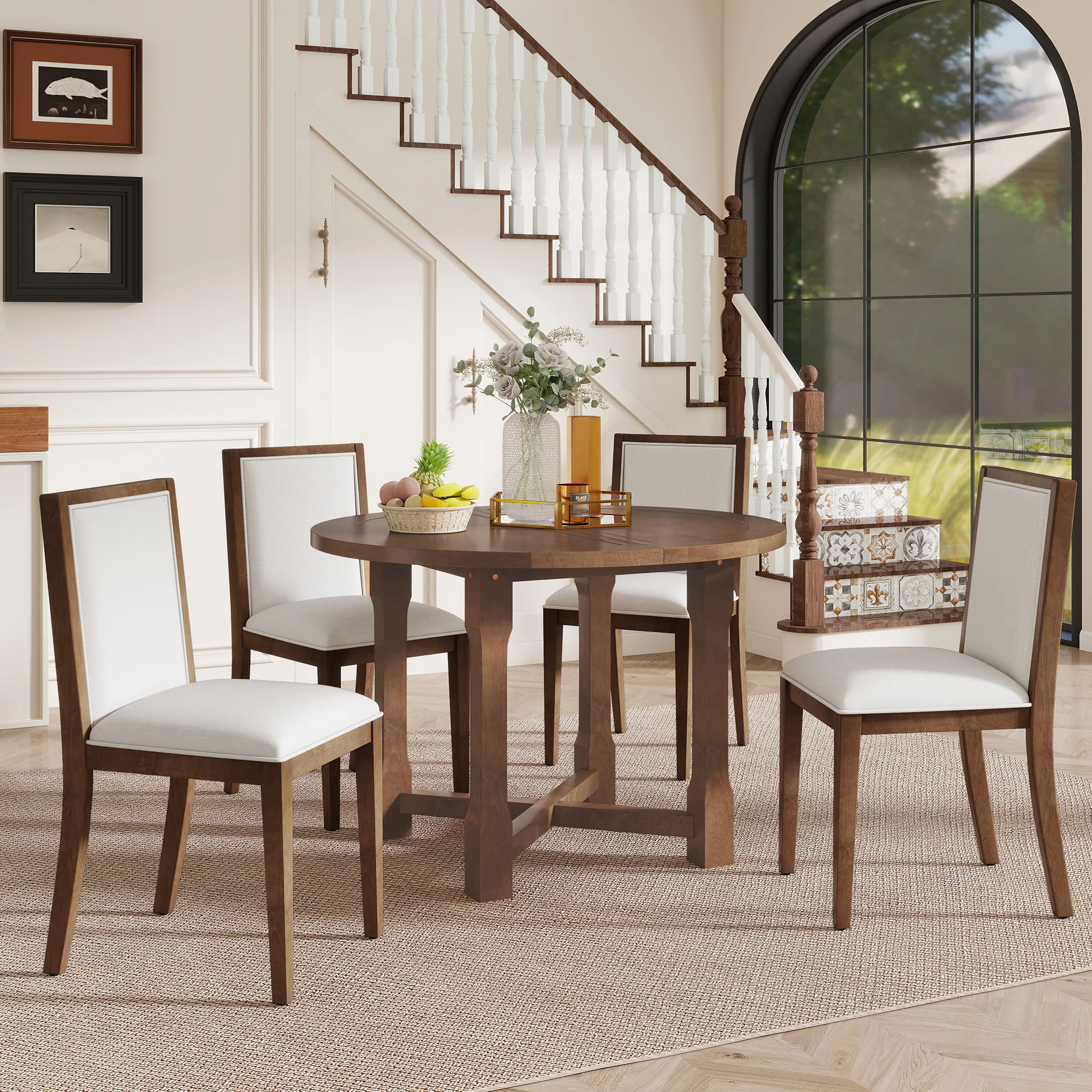 Walker Edison | Farmhouse Kitchen 5-Piece Extendable Dining Table Set for 4 with Upholstered Chair