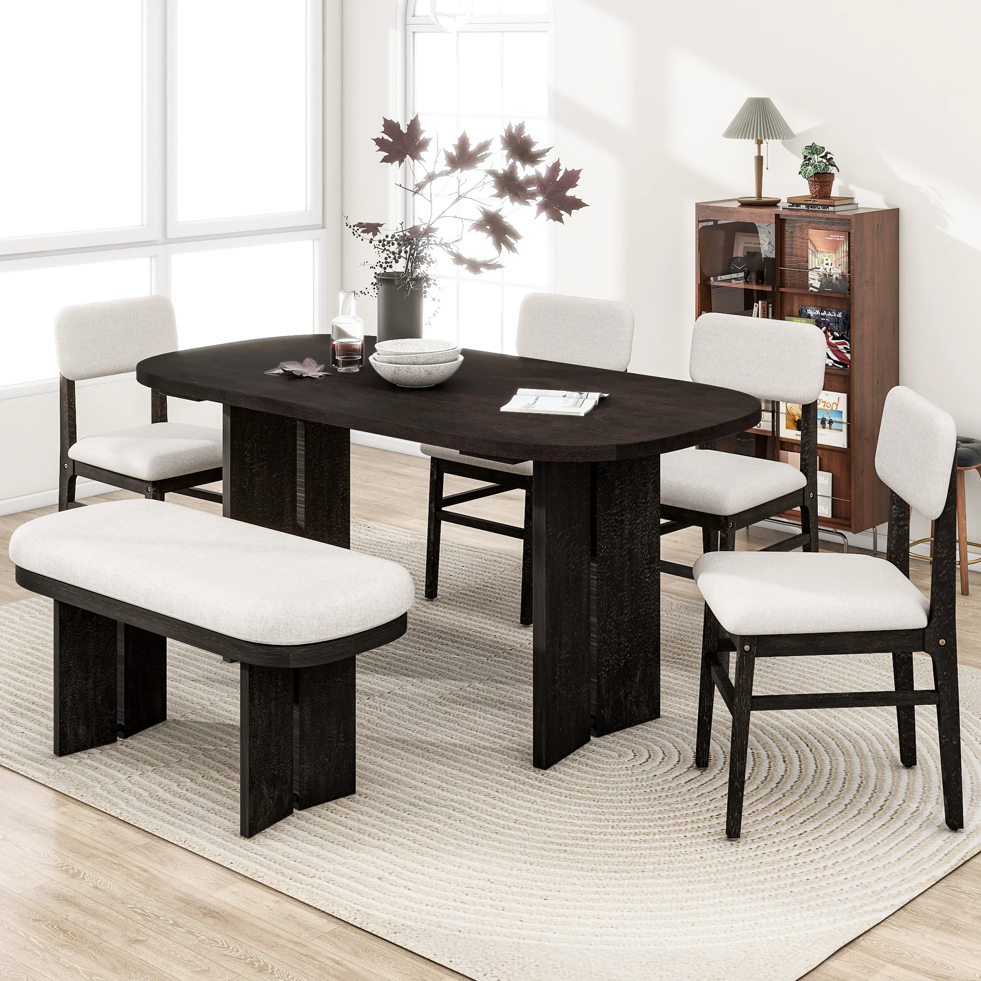 Walker Edison | Solid Wood 6-Piece Upholstered Dining Table Set with Bench
