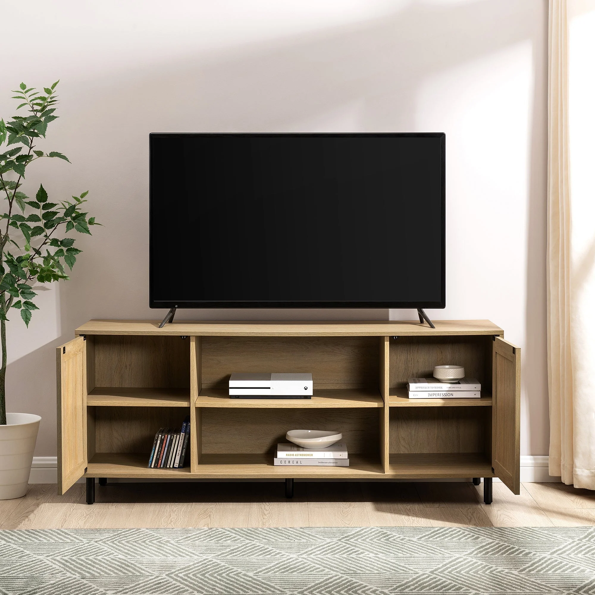58 2 Door Wood and Rattan TV Stand