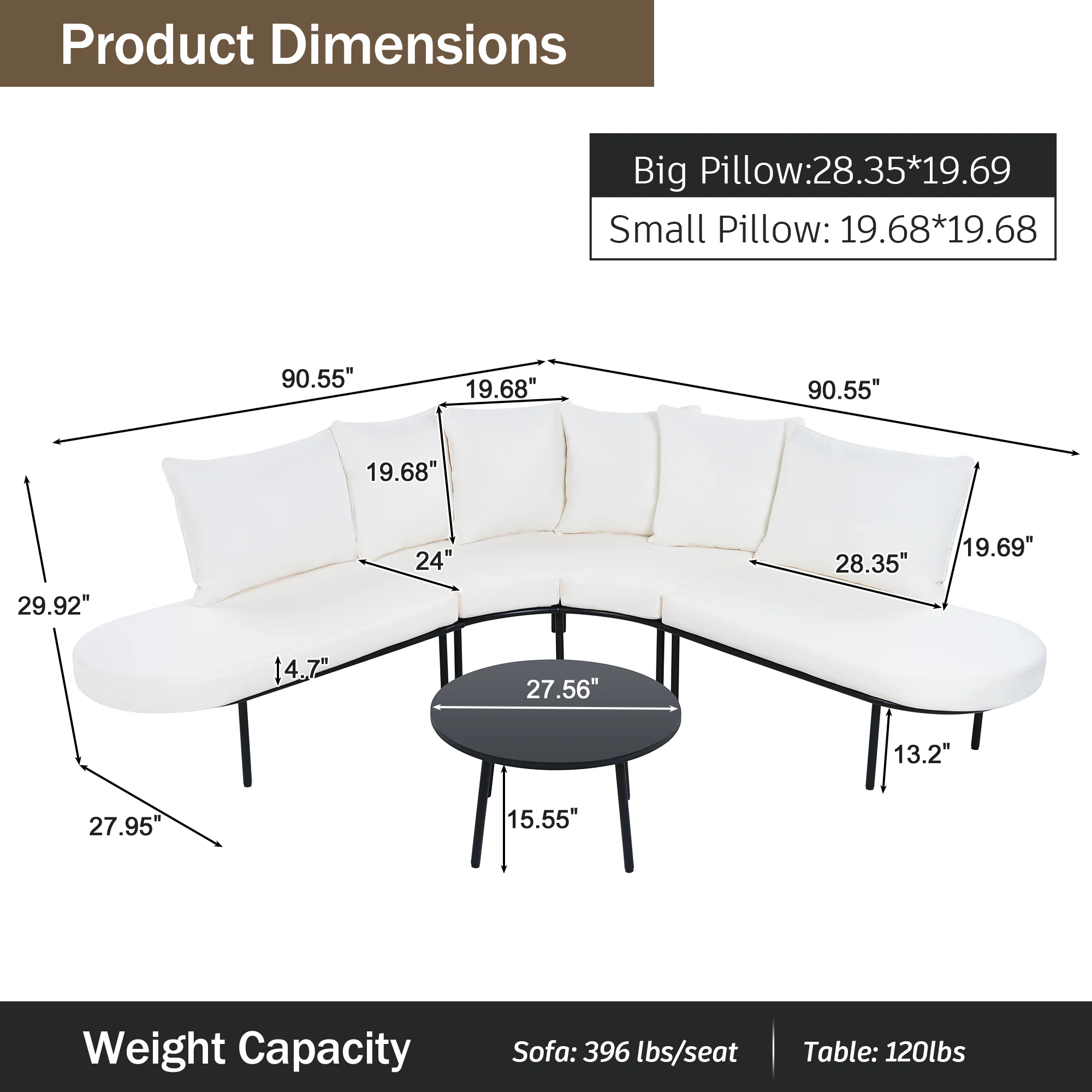 Walker Edison | Modern Half-Moon Curved Outdoor Patio Sofa Set with Coffee Table