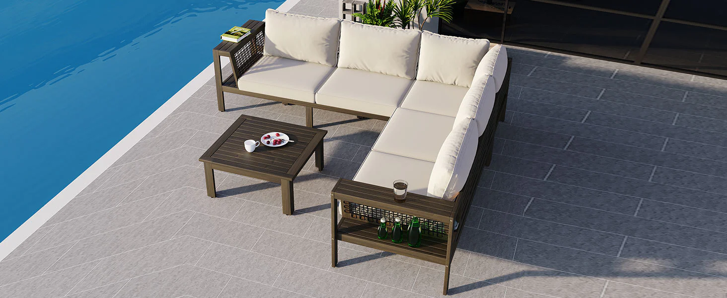 Walker Edison | Acacia L Shape Wood 4 Pieces Outdoor Sofa Set