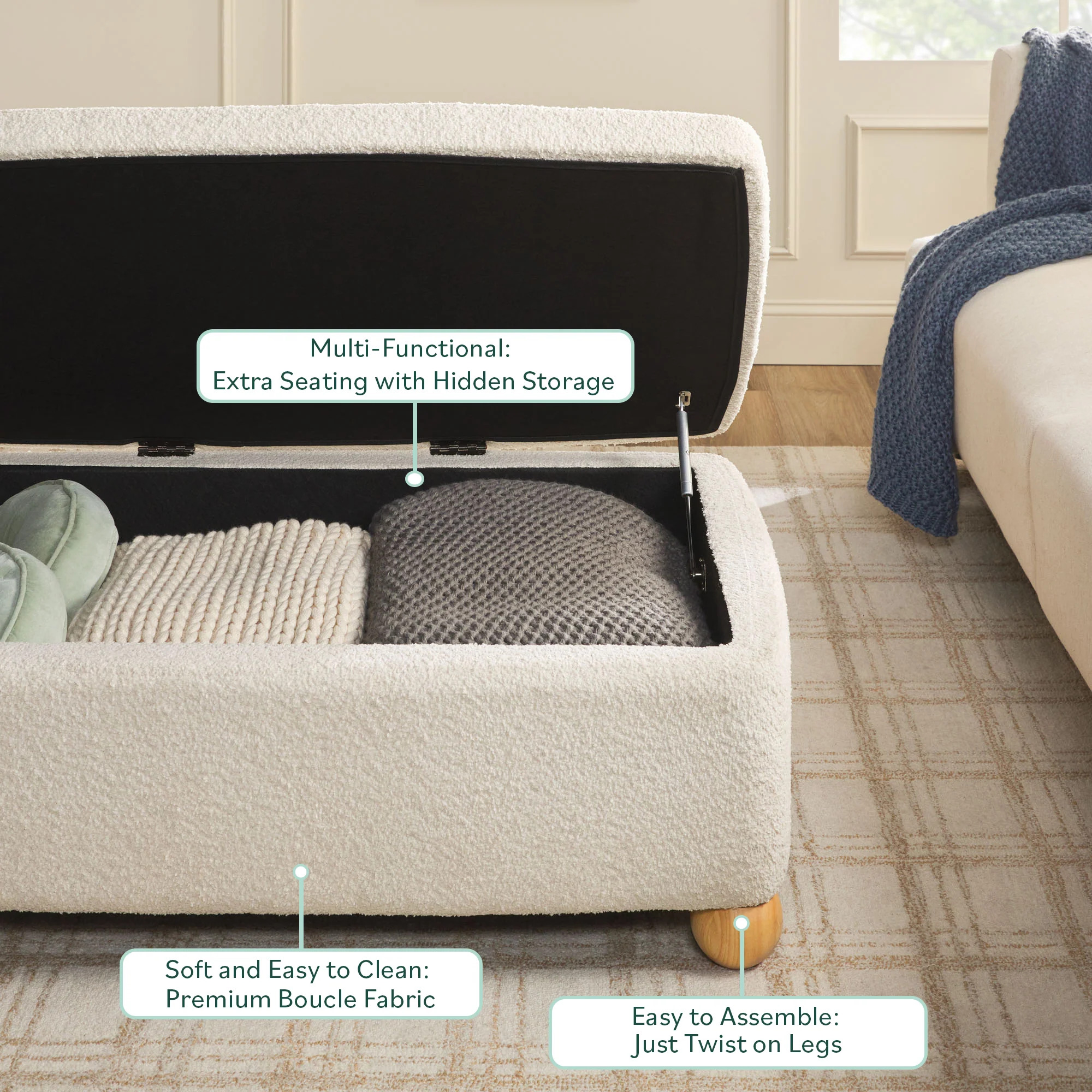 Linley Contemporary Boucle Easy Assembly Upholstered Large Storage Ottoman