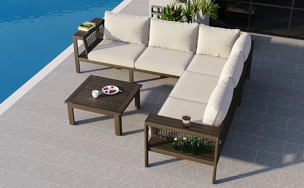 Walker Edison | Acacia L Shape Wood 4 Pieces Outdoor Sofa Set