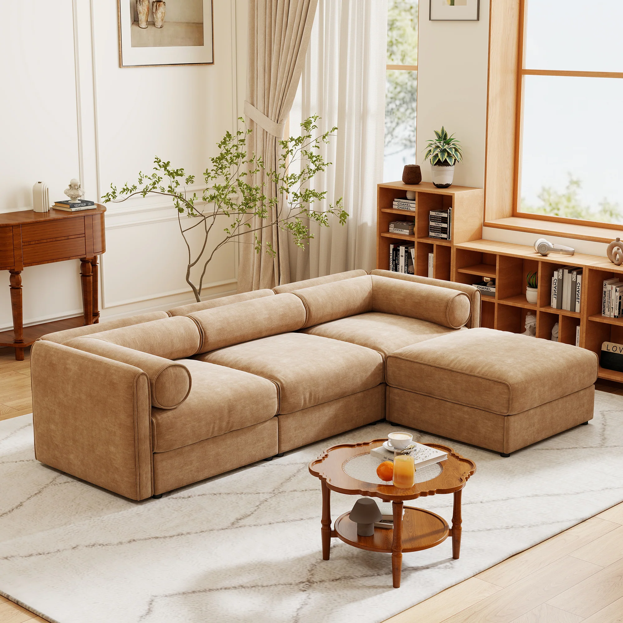 Walker Edison | Elegant Camel Chenille Sofa with Storage Seat and Ottoman