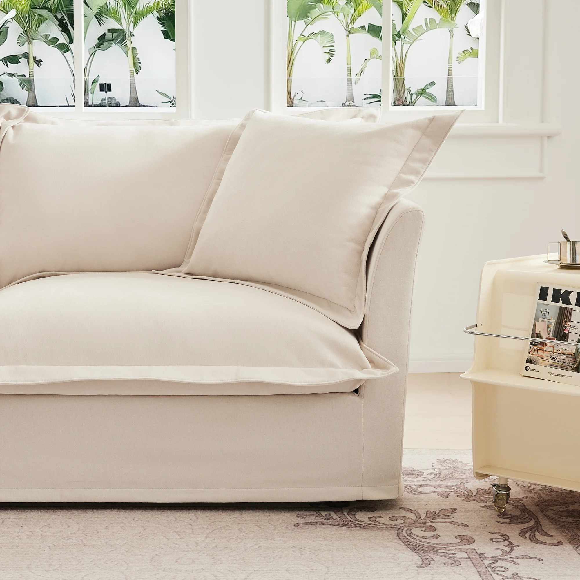 Walker Edison | Wide Deep Seat Slipcovered Beige Loveseat Sofa with 2 Ottomans