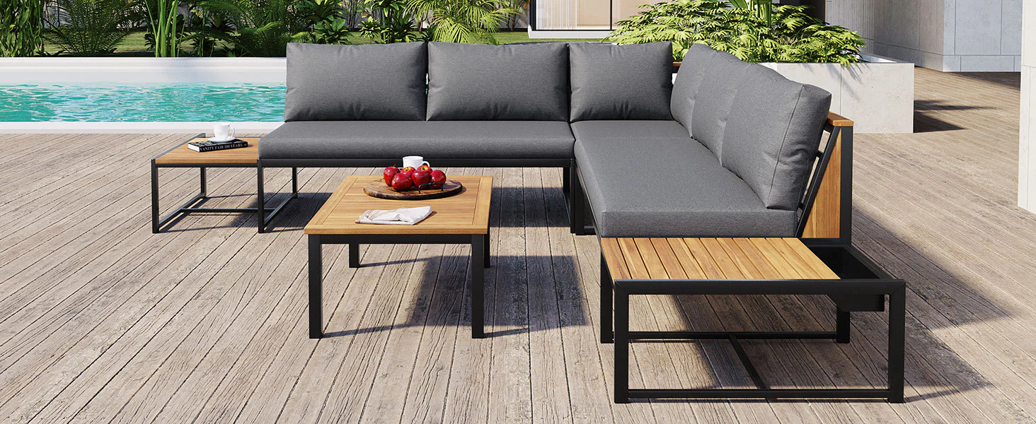 Walker Edison | 4 Pieces Outdoor Patio Sofa Sectional Set with Coffee and Side Tables