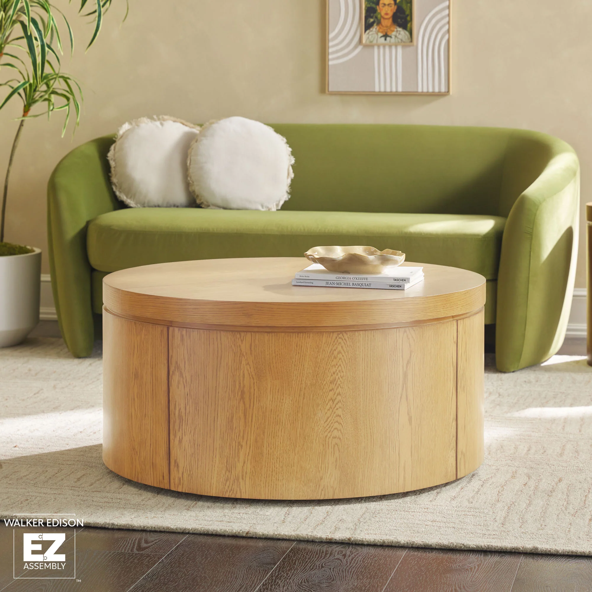 Maya 36 Modern Easy Assembly Round Oak Wood Veneer Coffee table with Storage