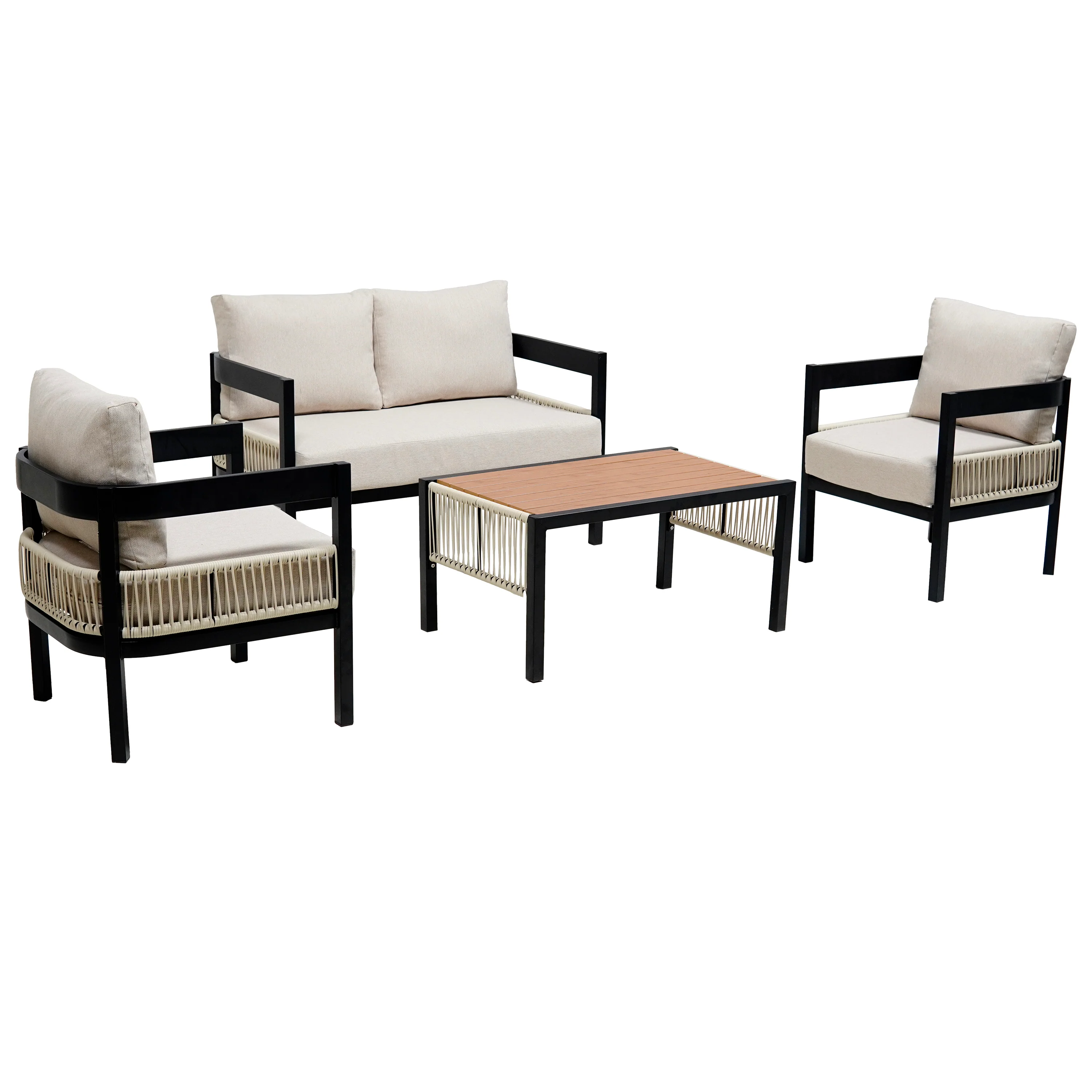 Walker Edison | Modern Rope Design Outdoor Iron Sofa Set with Coffee Table