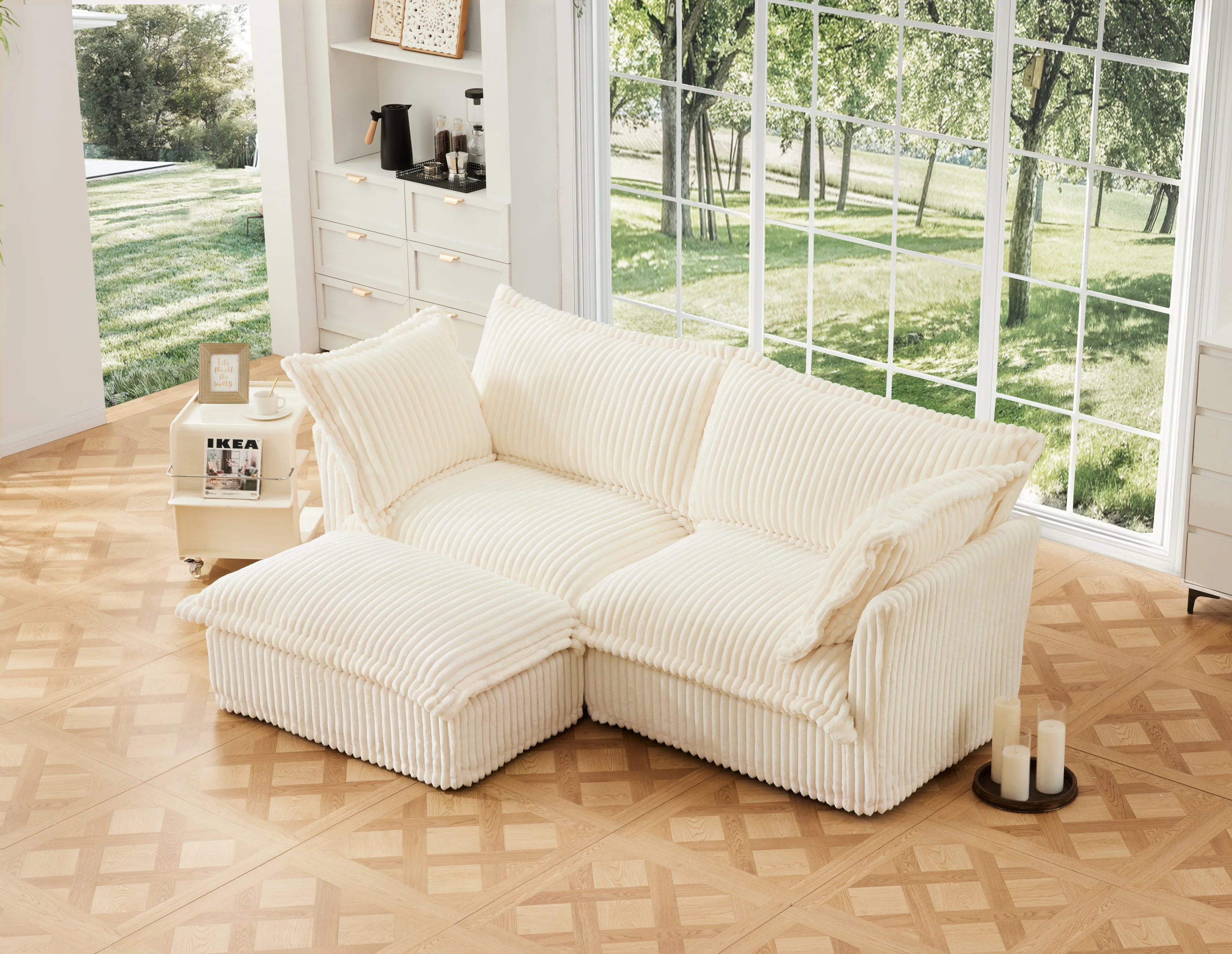 Walker Edison | Cloud Cream Corduroy Slipcovered Sectional Sofa with Ottoman